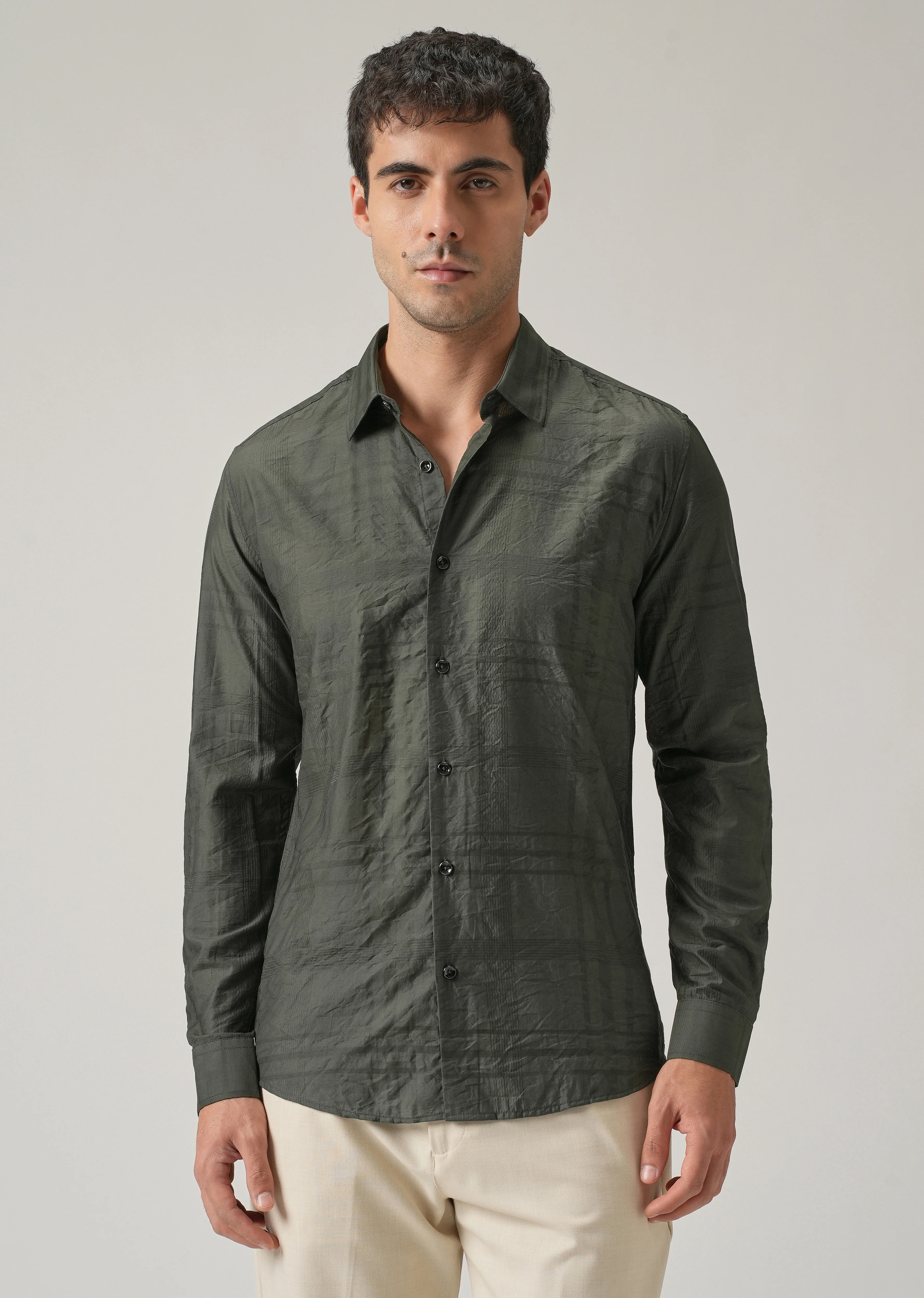 Green Crinkled Self Stripe Shirt - Image 3