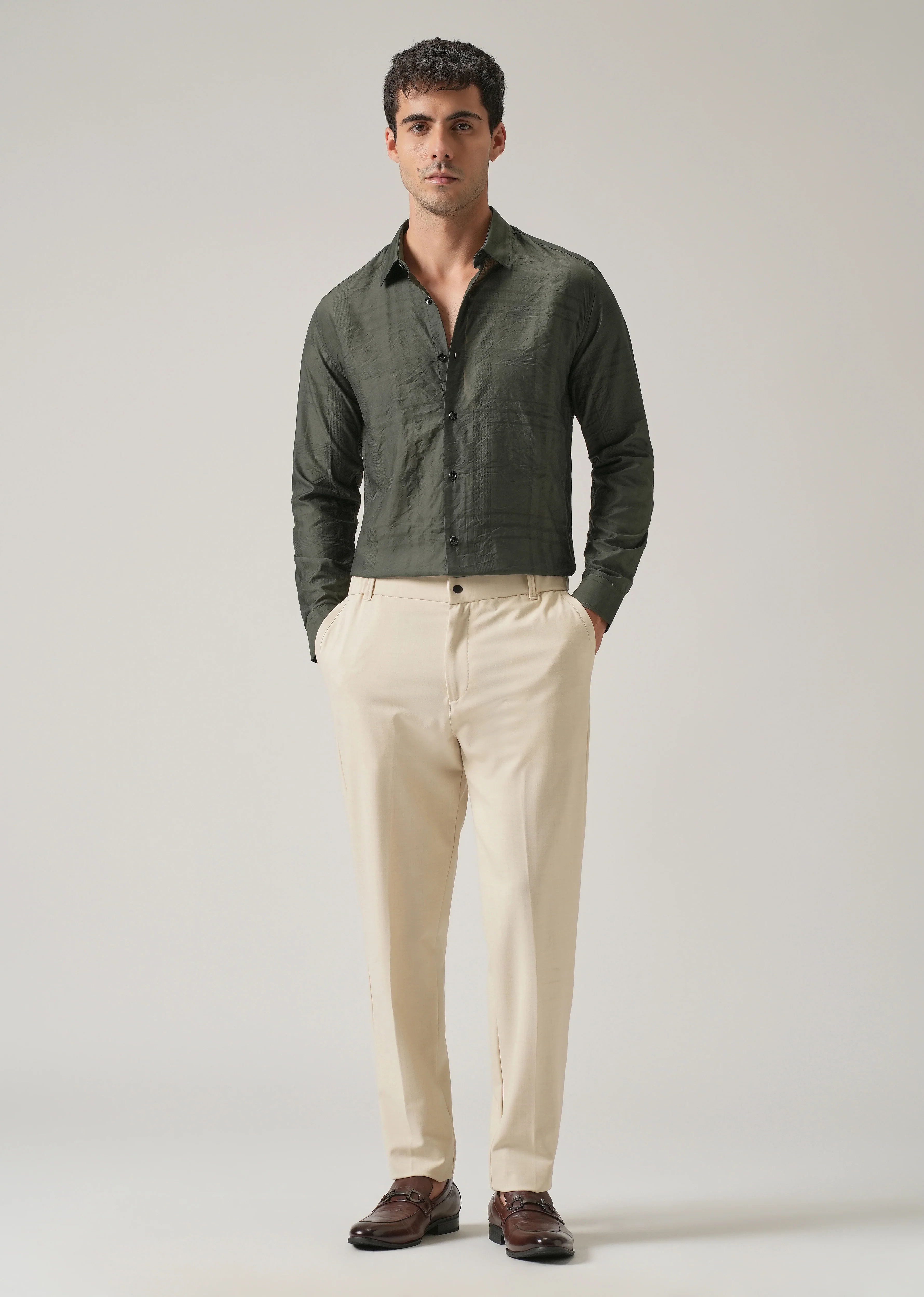 Green Crinkled Self Stripe Shirt - Image 6
