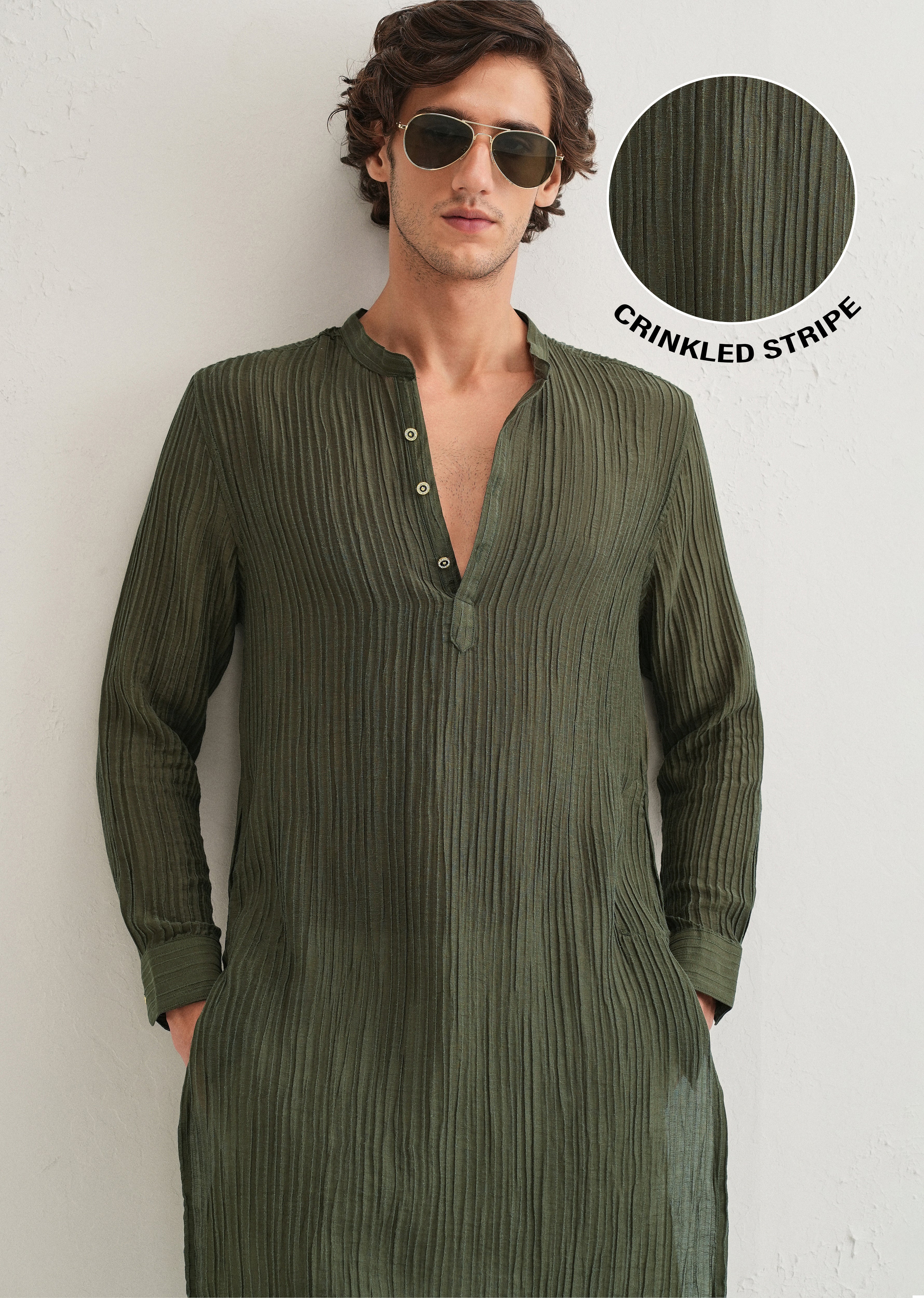 Green Crinkled Stripe Kurta - Image 10
