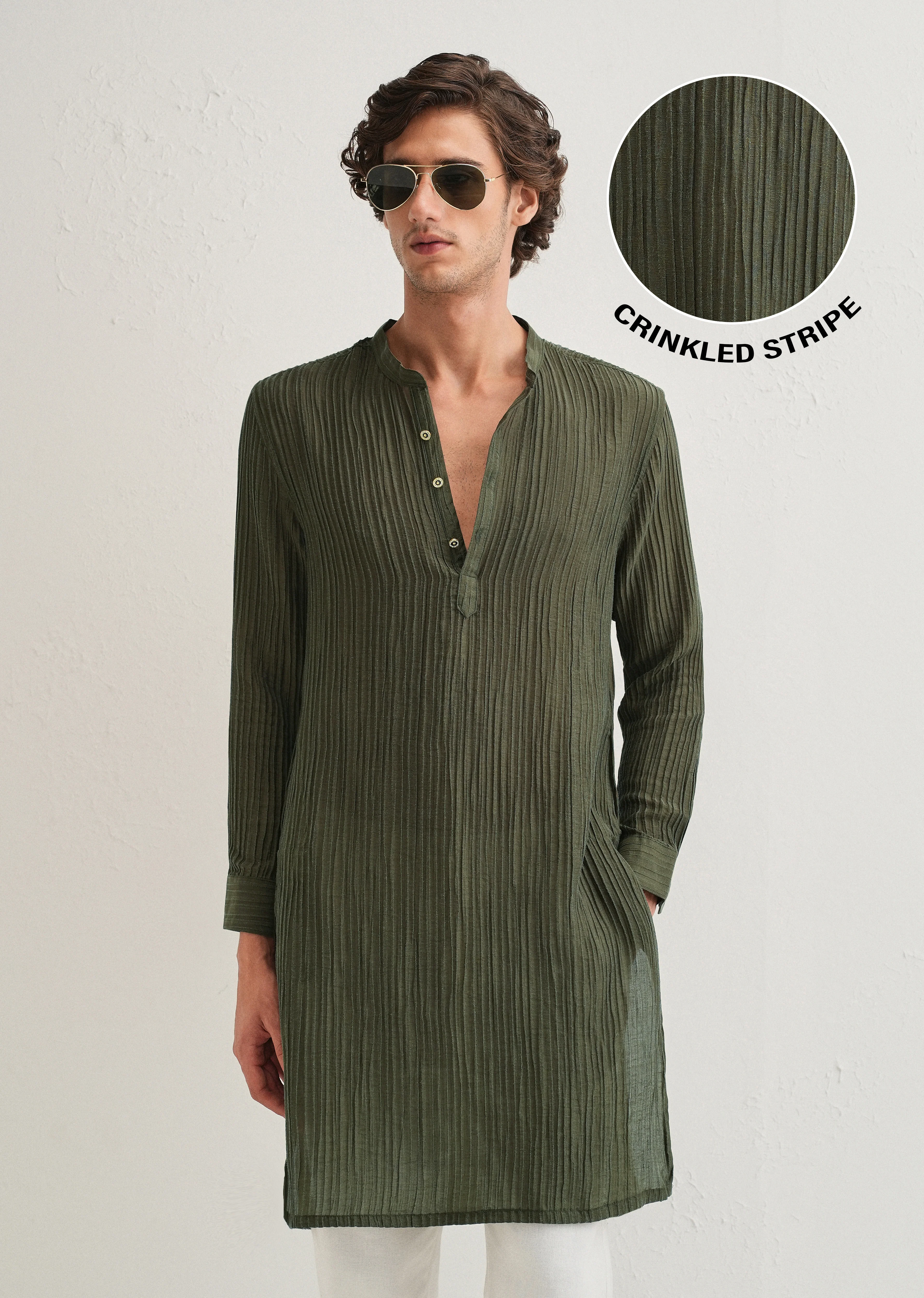 Green Crinkled Stripe Kurta - Image 2