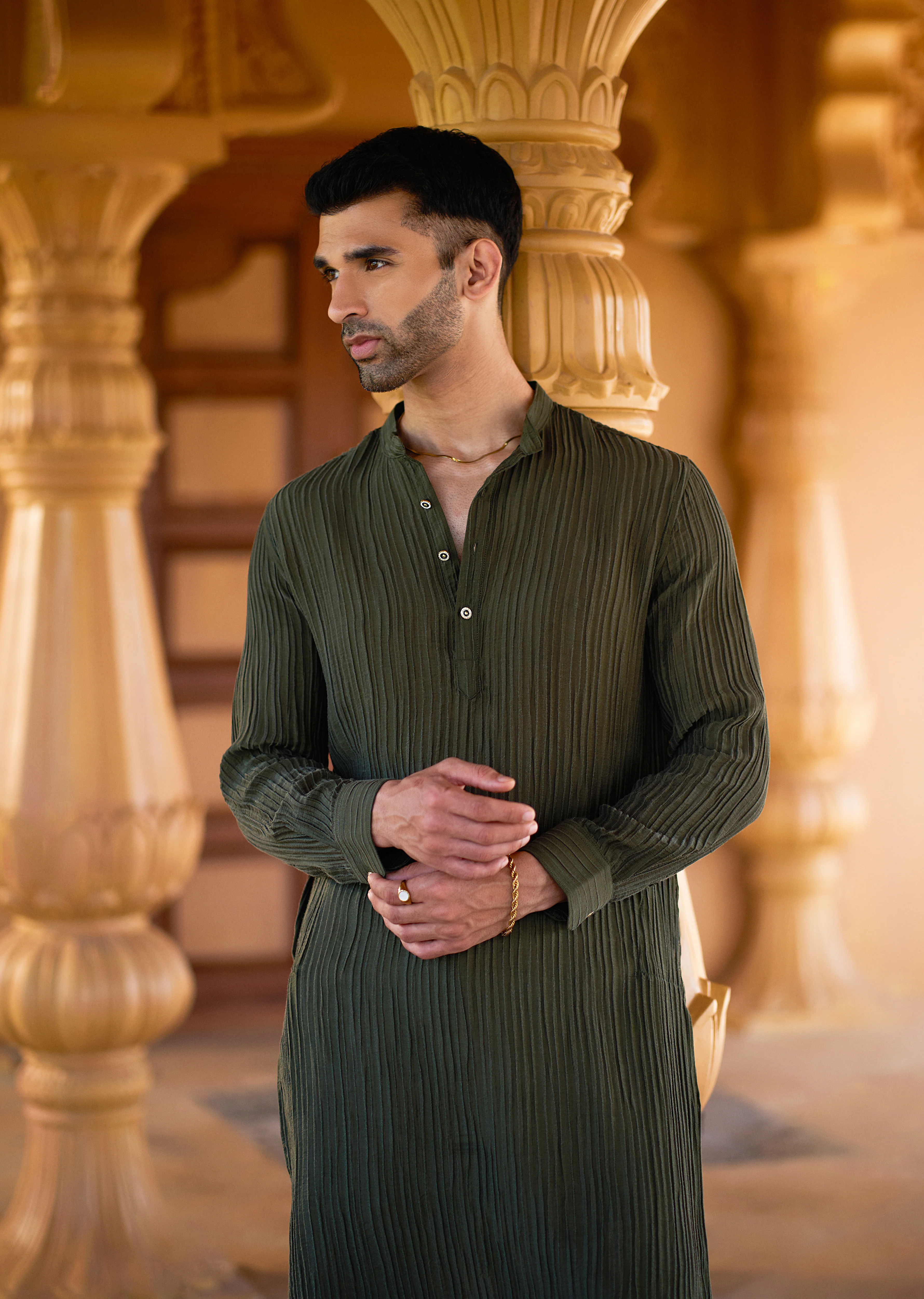 Green Crinkled Stripe Kurta - Image 3