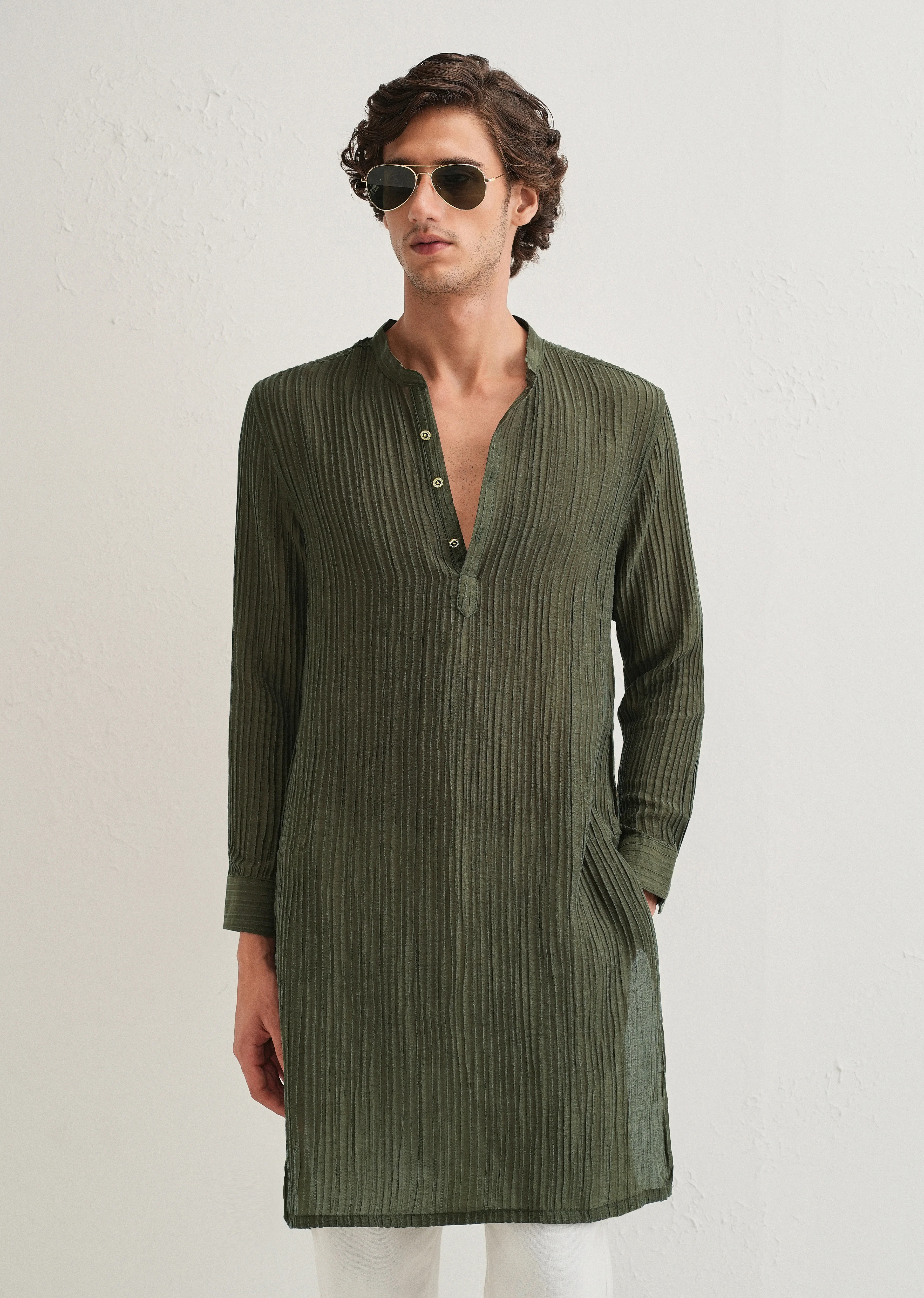 Green Crinkled Stripe Kurta - Image 7