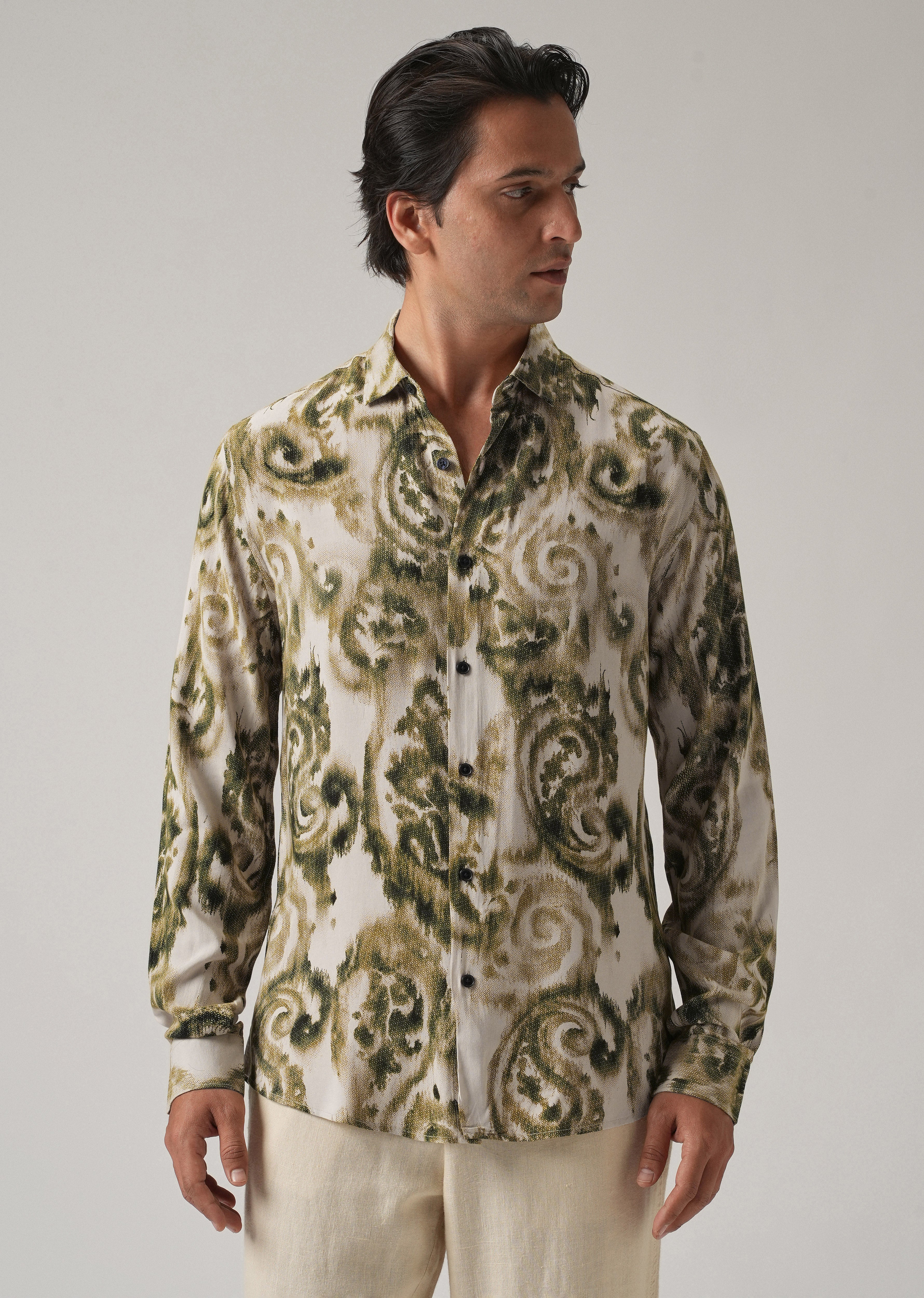 Green Distort Paisley Print Feather Shirt - Image 3