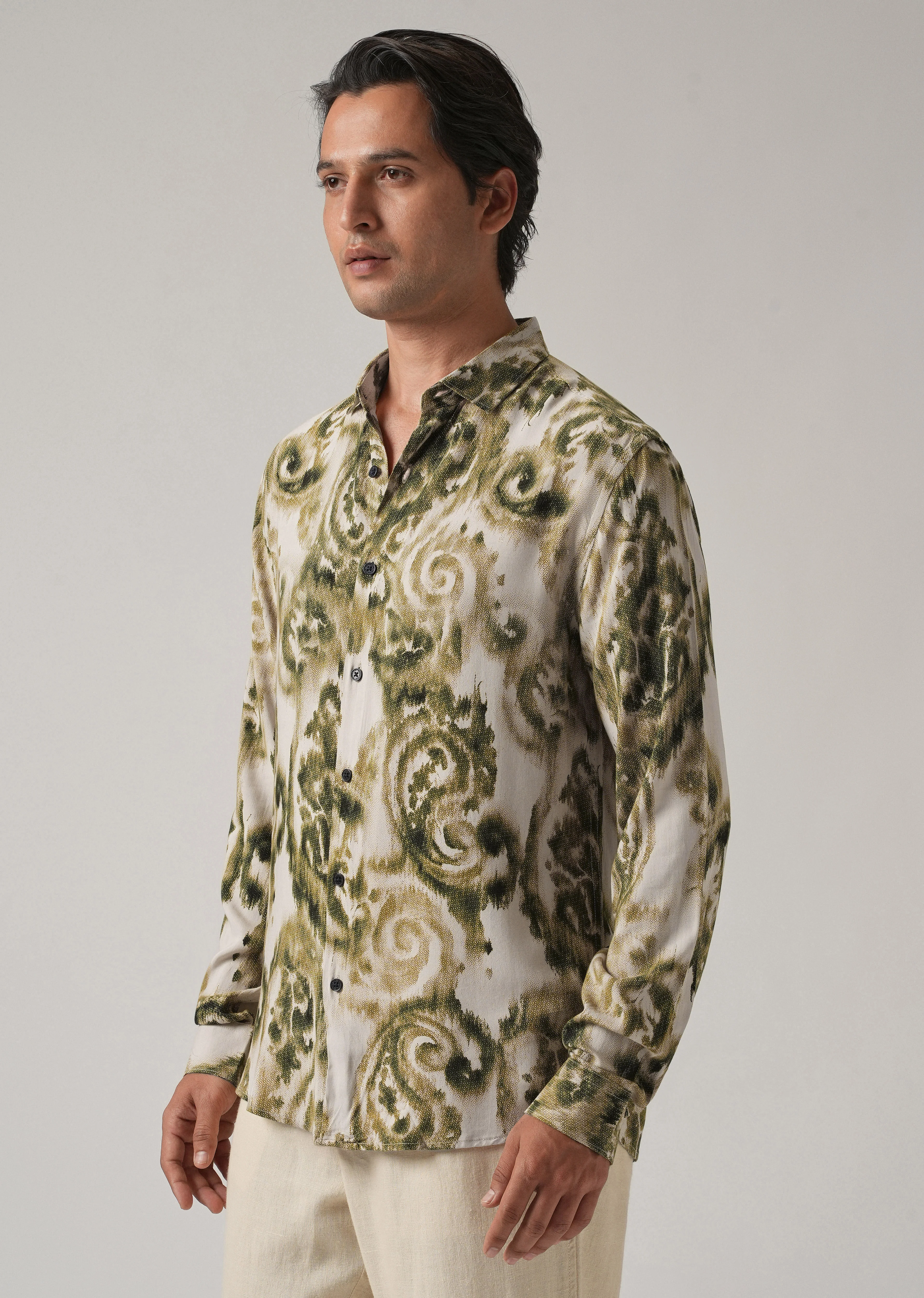 Green Distort Paisley Print Feather Shirt - Image 4