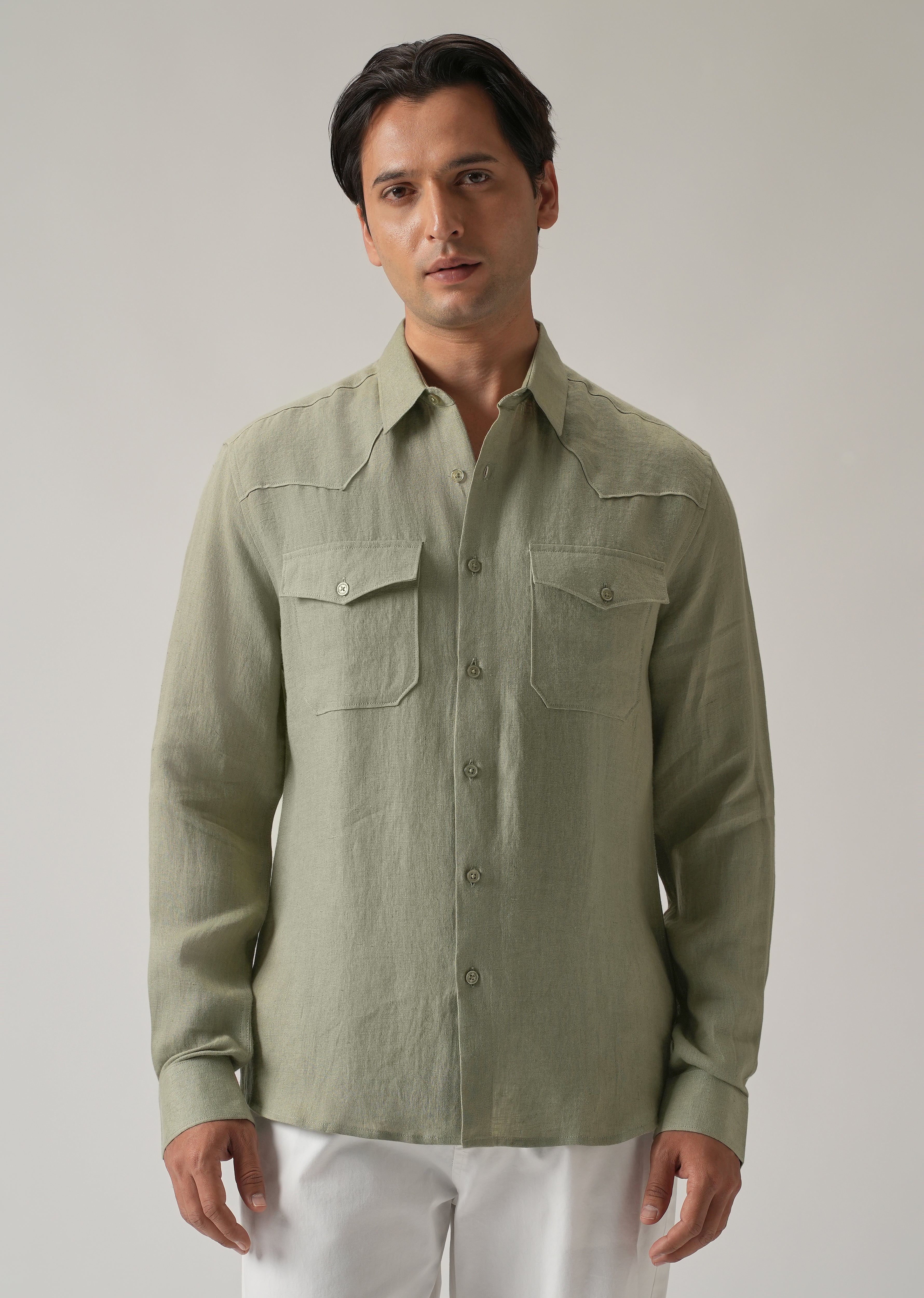 Green Double Pocket 100% Pure Irish Linen Shirt - Image 4