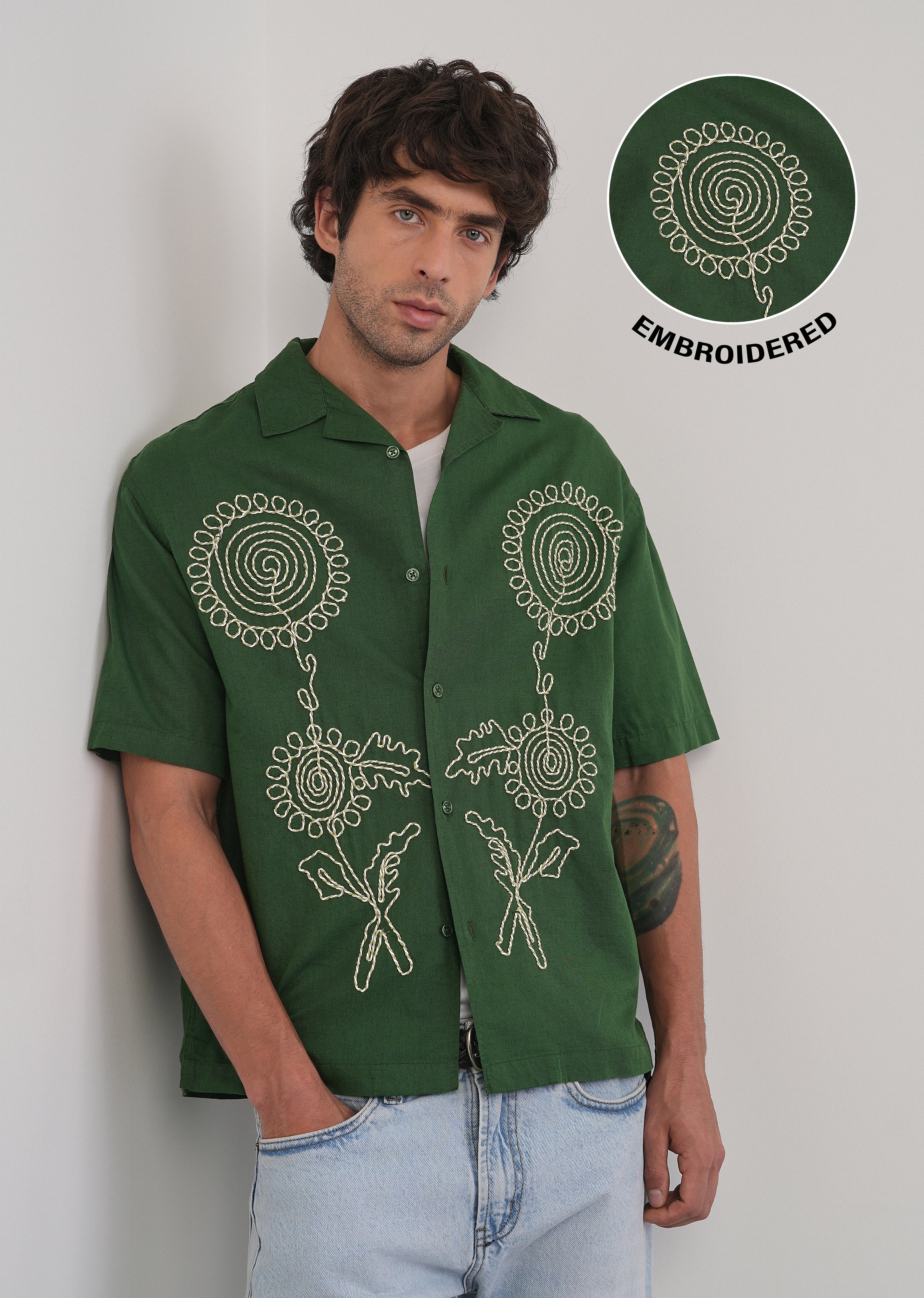 Green Floral Thread Work Shirt - Image 2