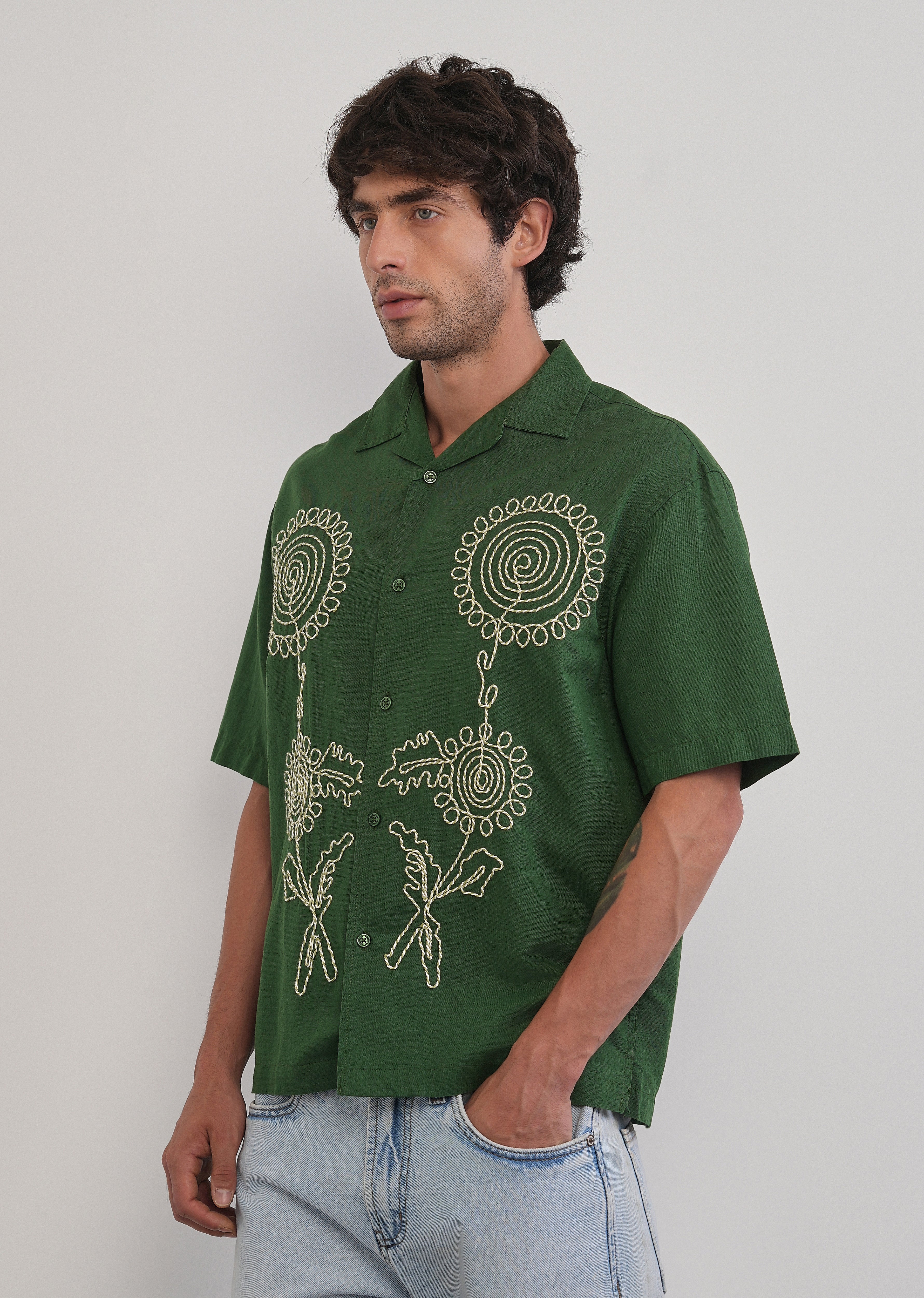 Green Floral Thread Work Shirt - Image 6