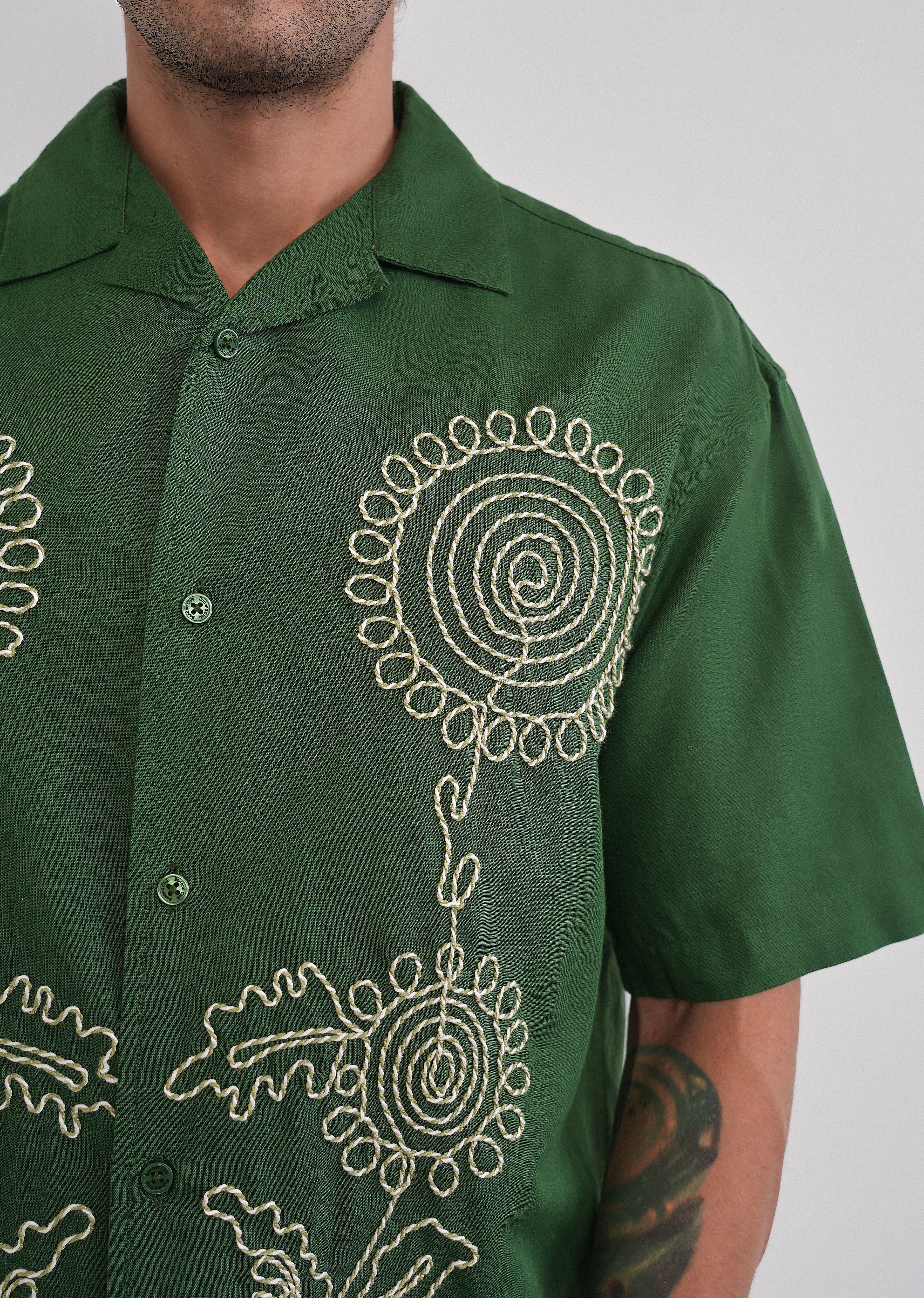 Green Floral Thread Work Shirt - Image 7