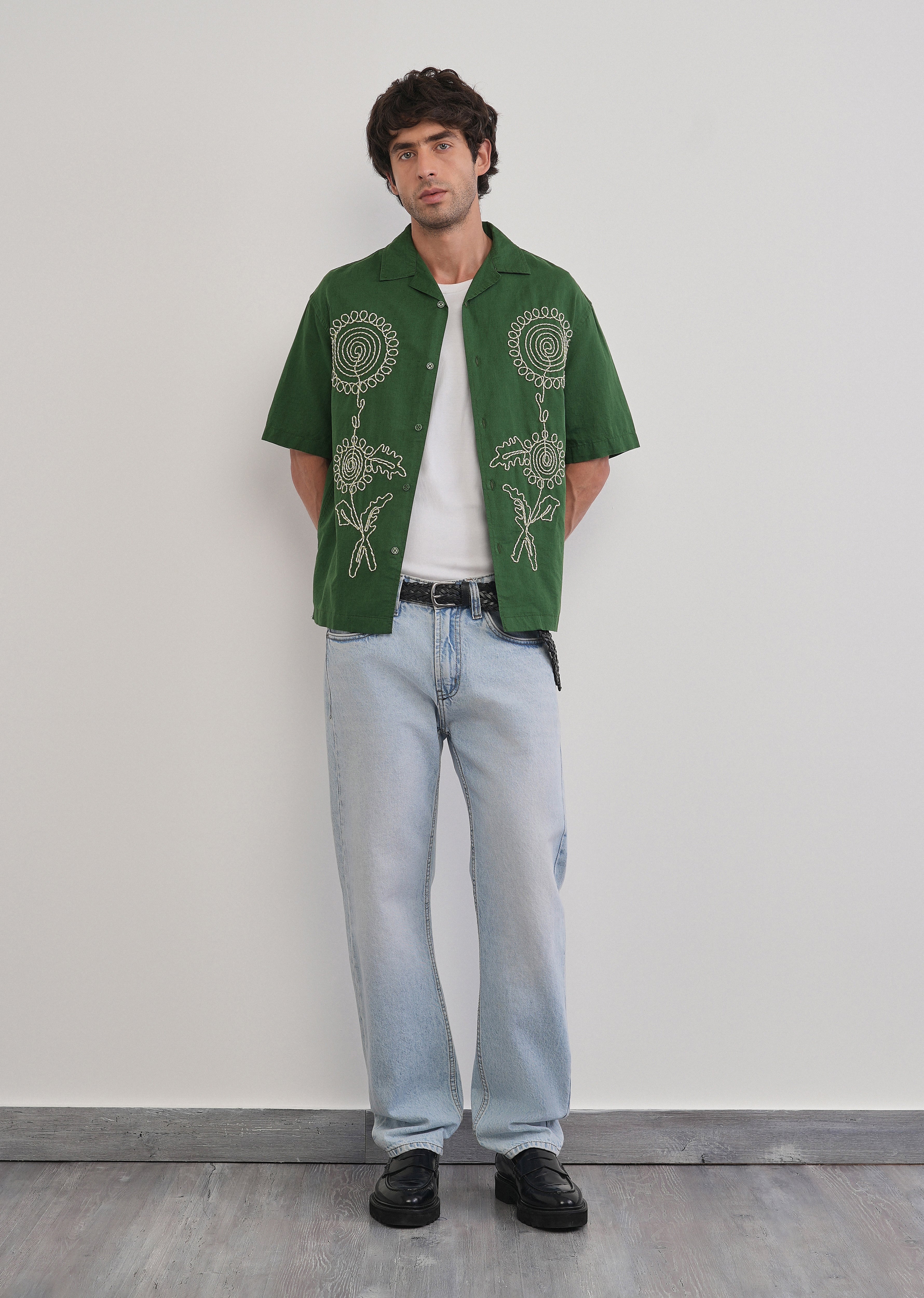 Green Floral Thread Work Shirt - Image 8