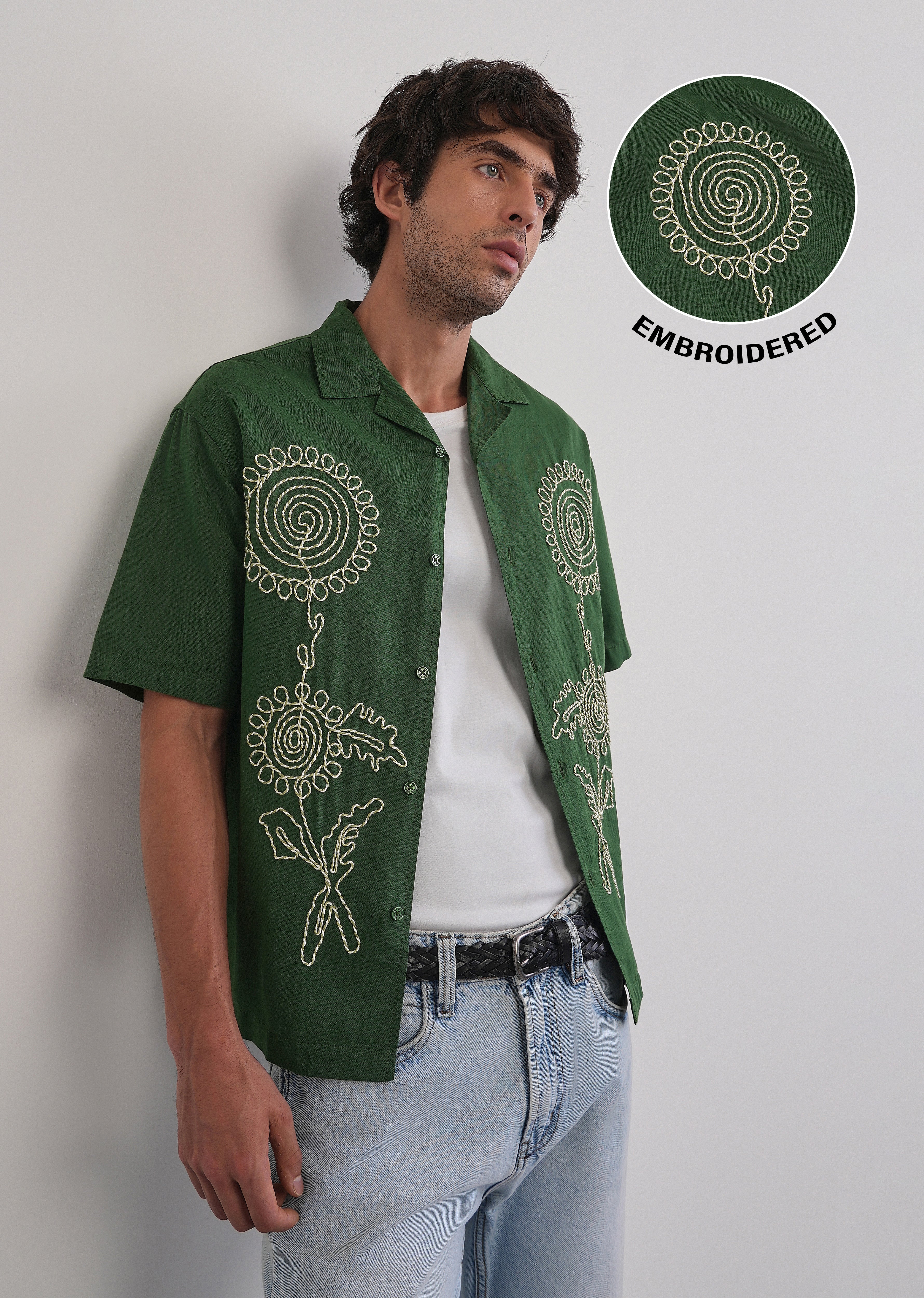 Green Floral Thread Work Shirt - Image 9