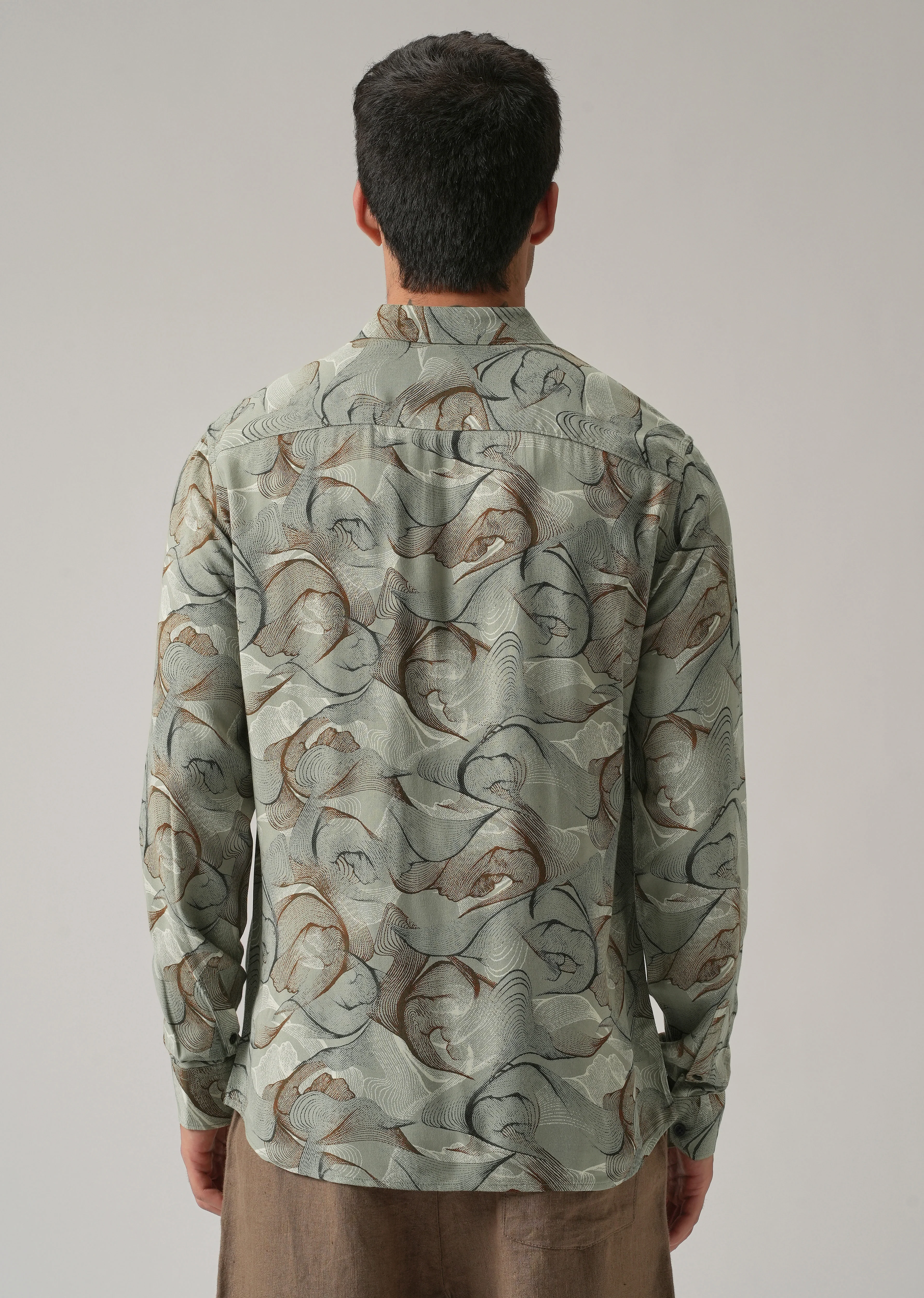 Green Grey Lines Print Feather Shirt - Image 2