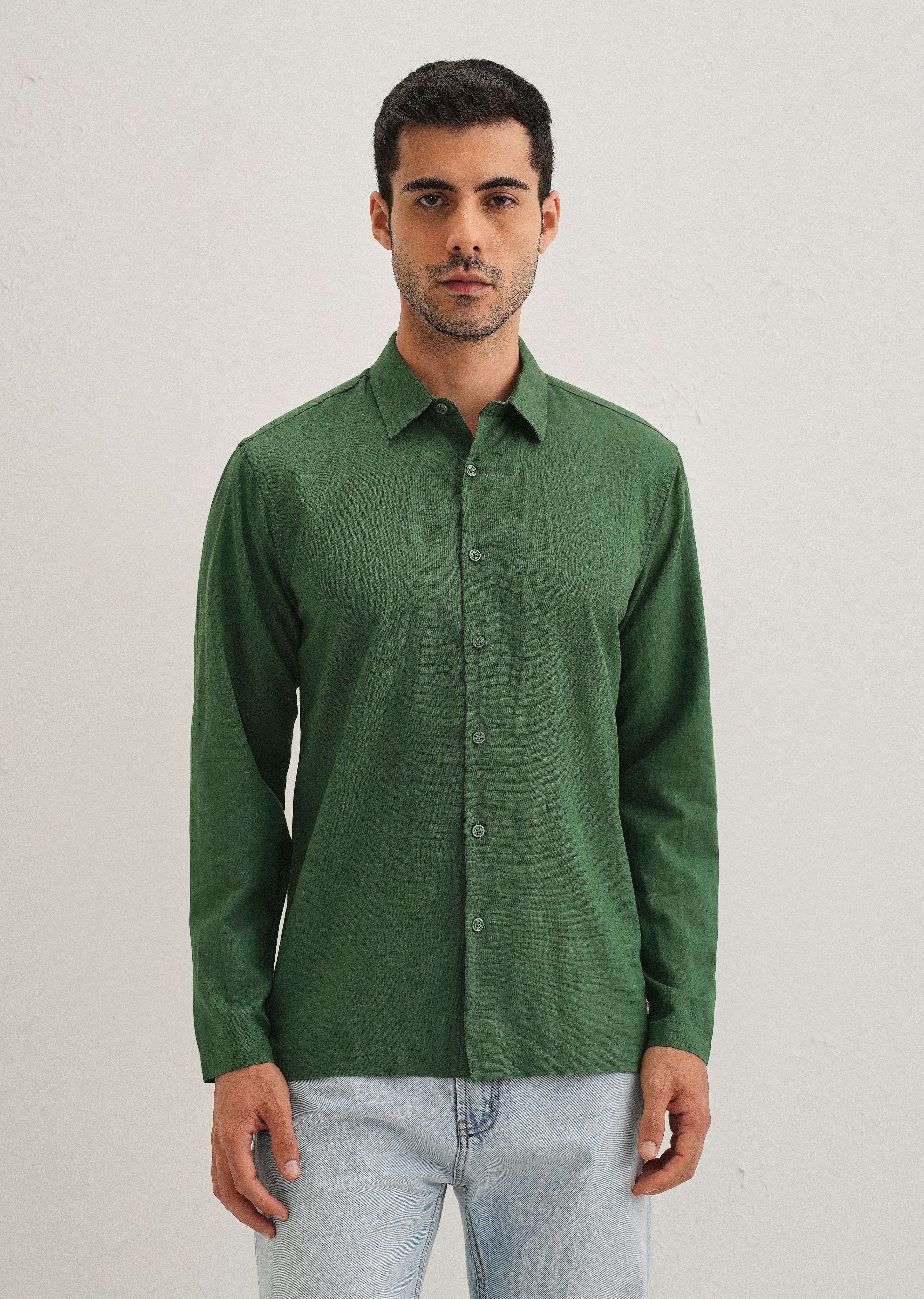 Green Hidden Sleeve Placket Cotton Linen Shirt - Image 3