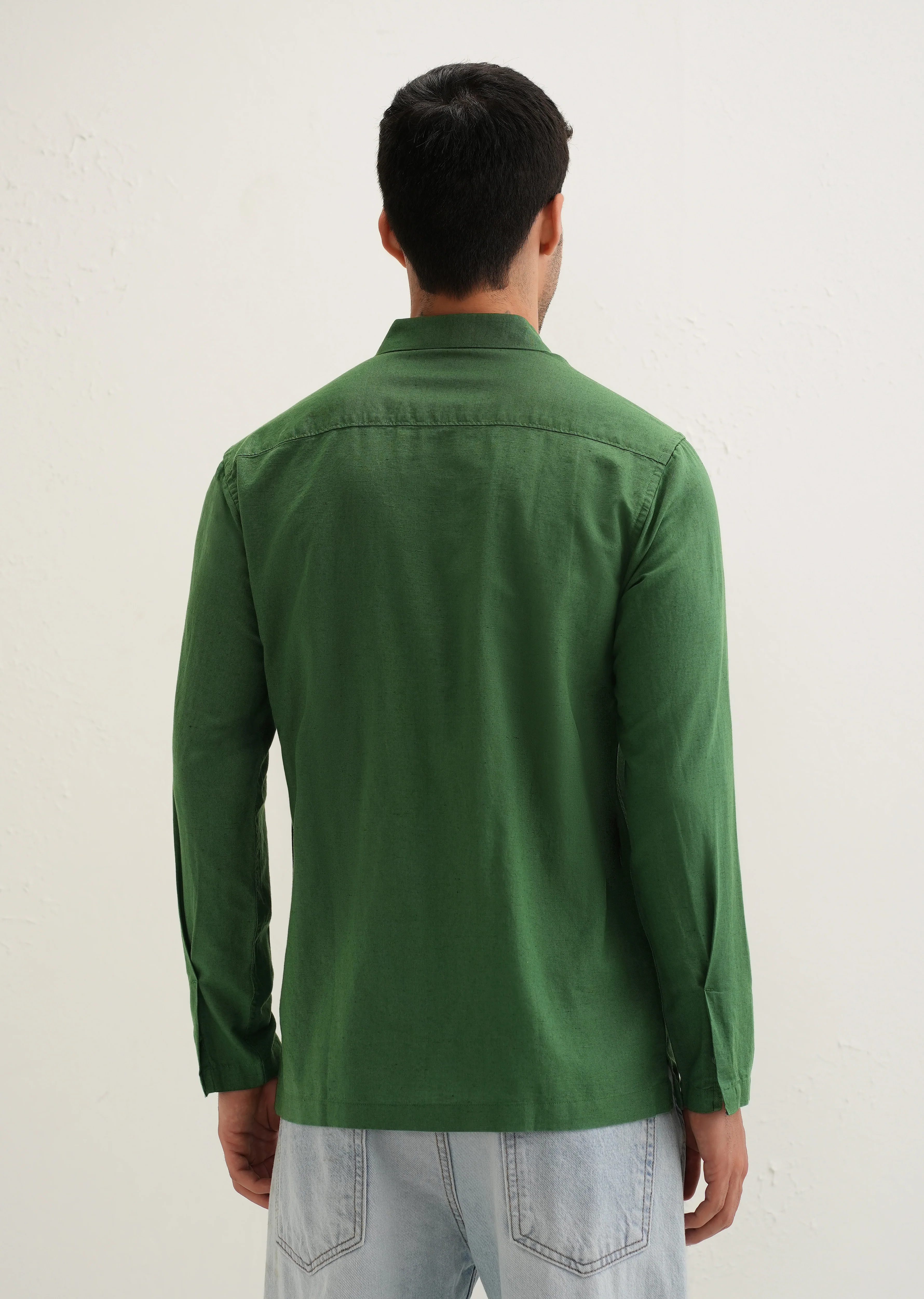 Green Hidden Sleeve Placket Cotton Linen Shirt - Image 4