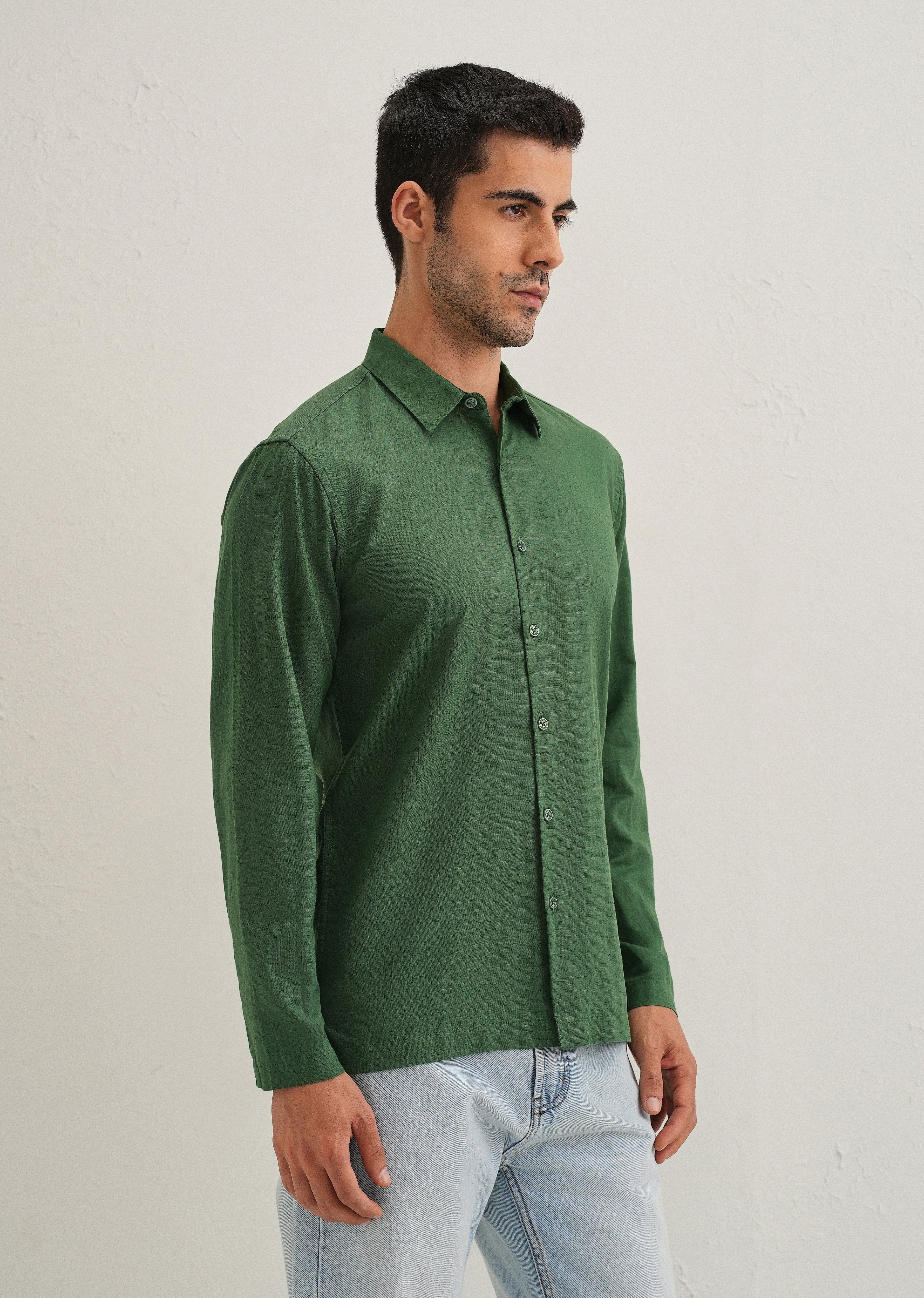 Green Hidden Sleeve Placket Cotton Linen Shirt - Image 5