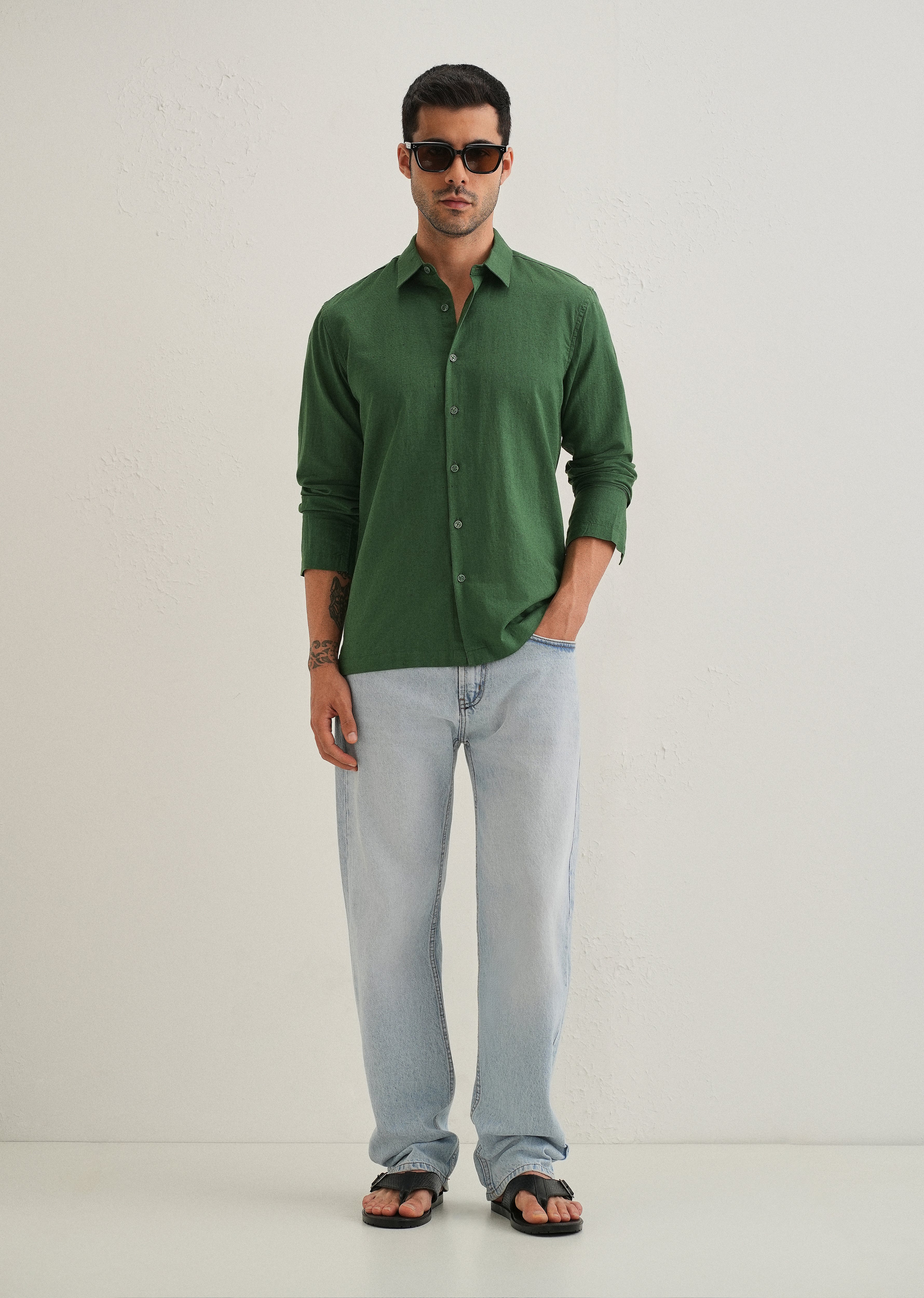 Green Hidden Sleeve Placket Cotton Linen Shirt - Image 8