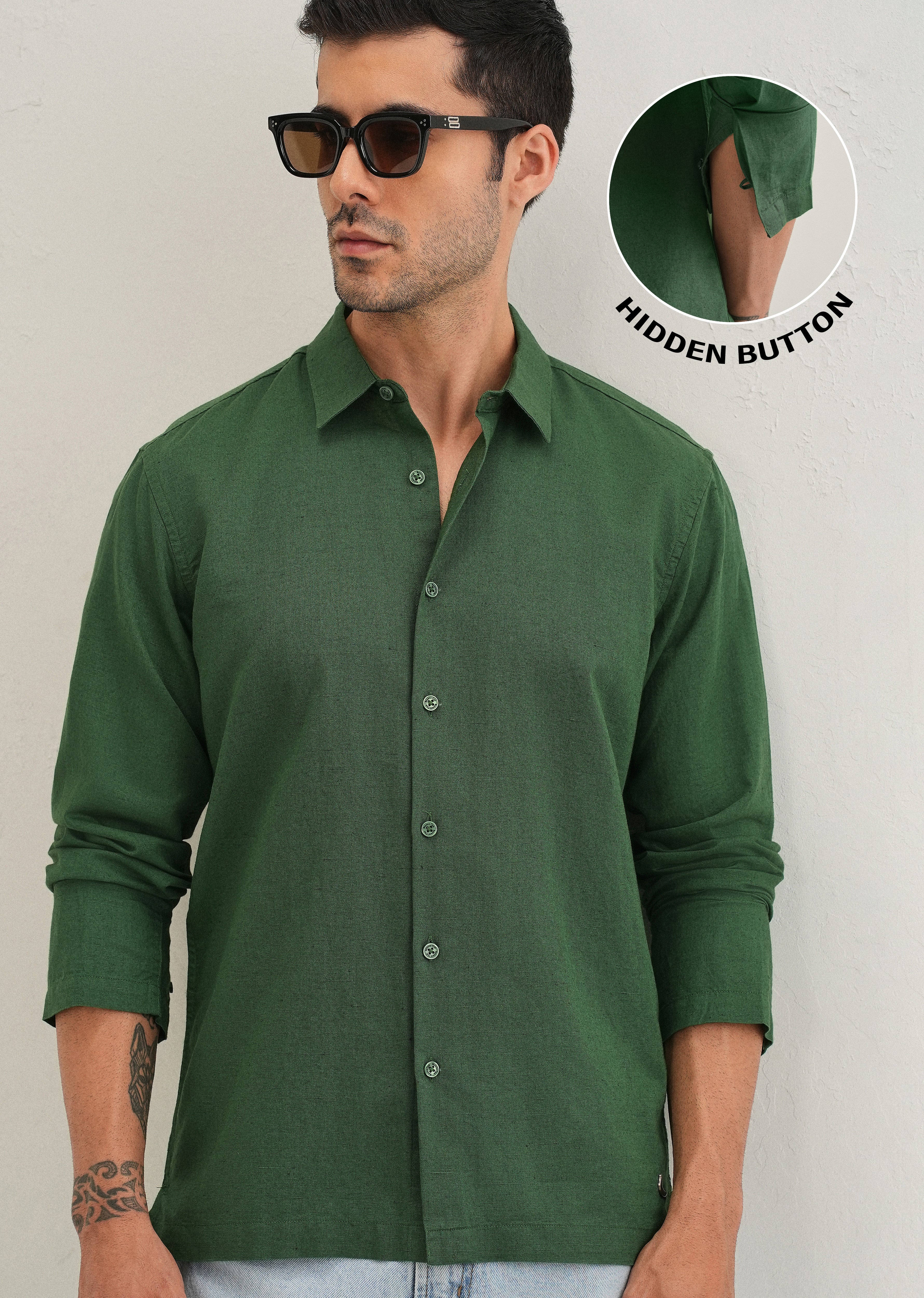 Green Hidden Sleeve Placket Cotton Linen Shirt - Image 9