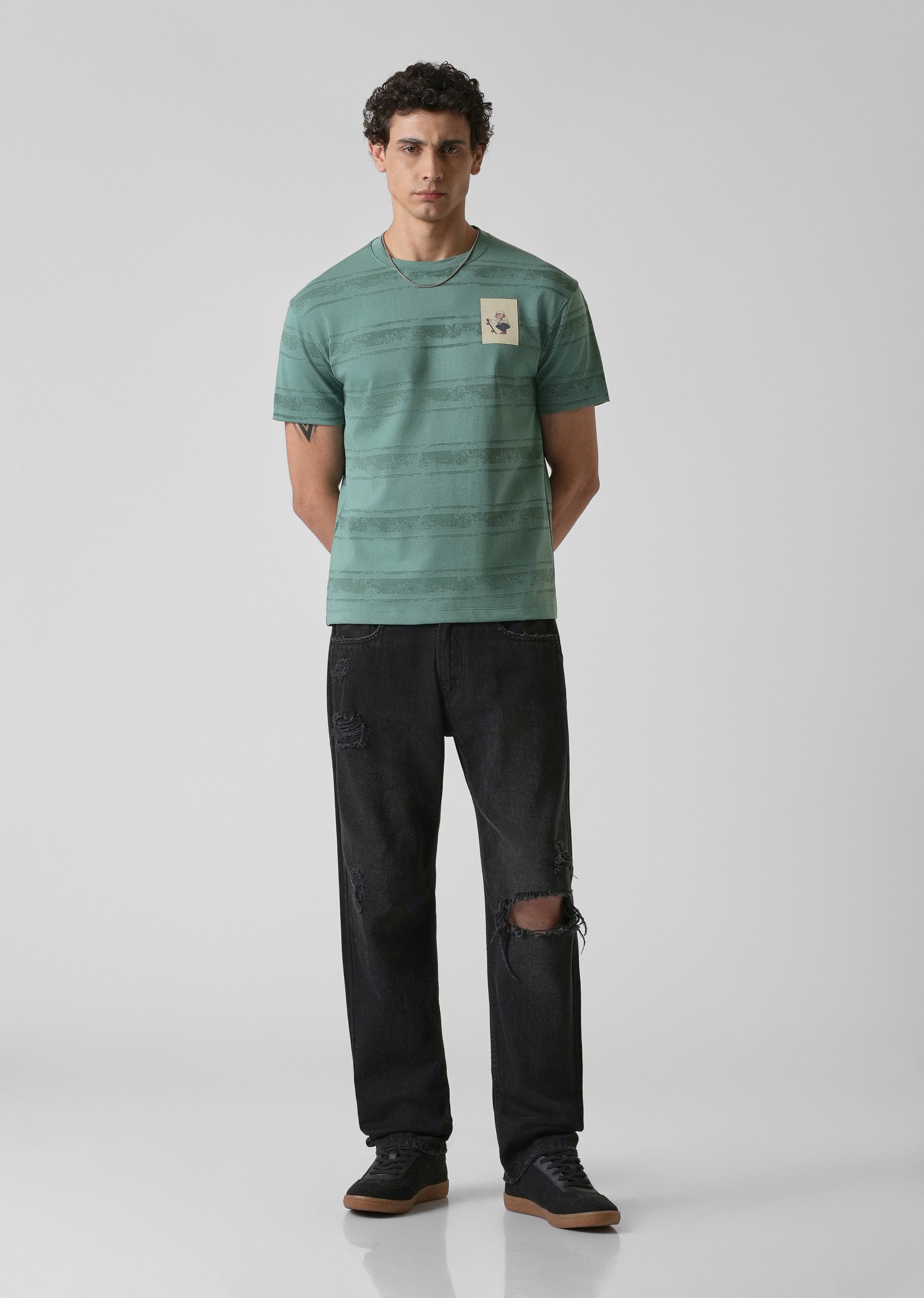 Green Horizontal Strip Printed Slim Fit T-shirt - Image 6