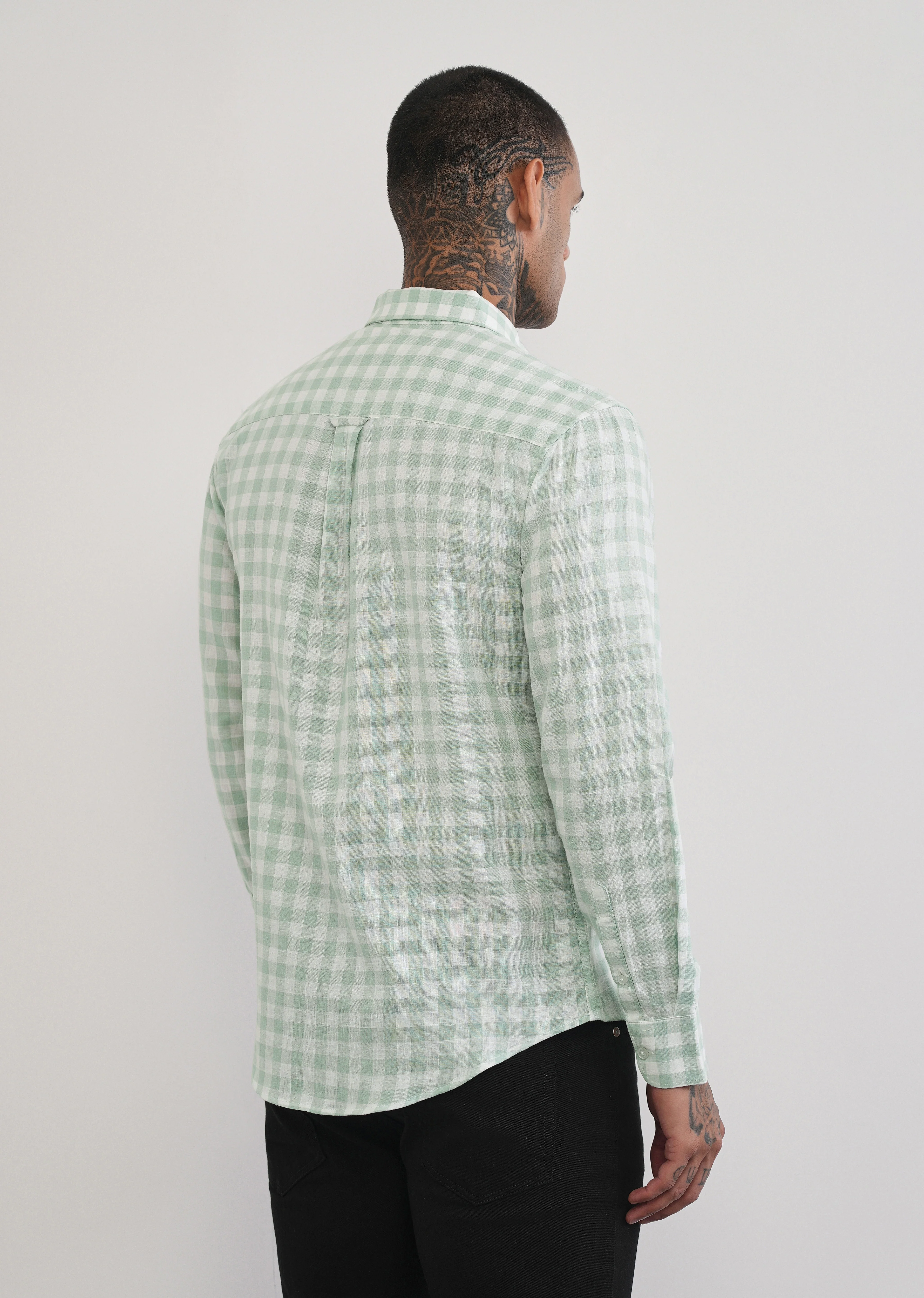 Green Lyocell Linen Blend Check Shirt - Image 2