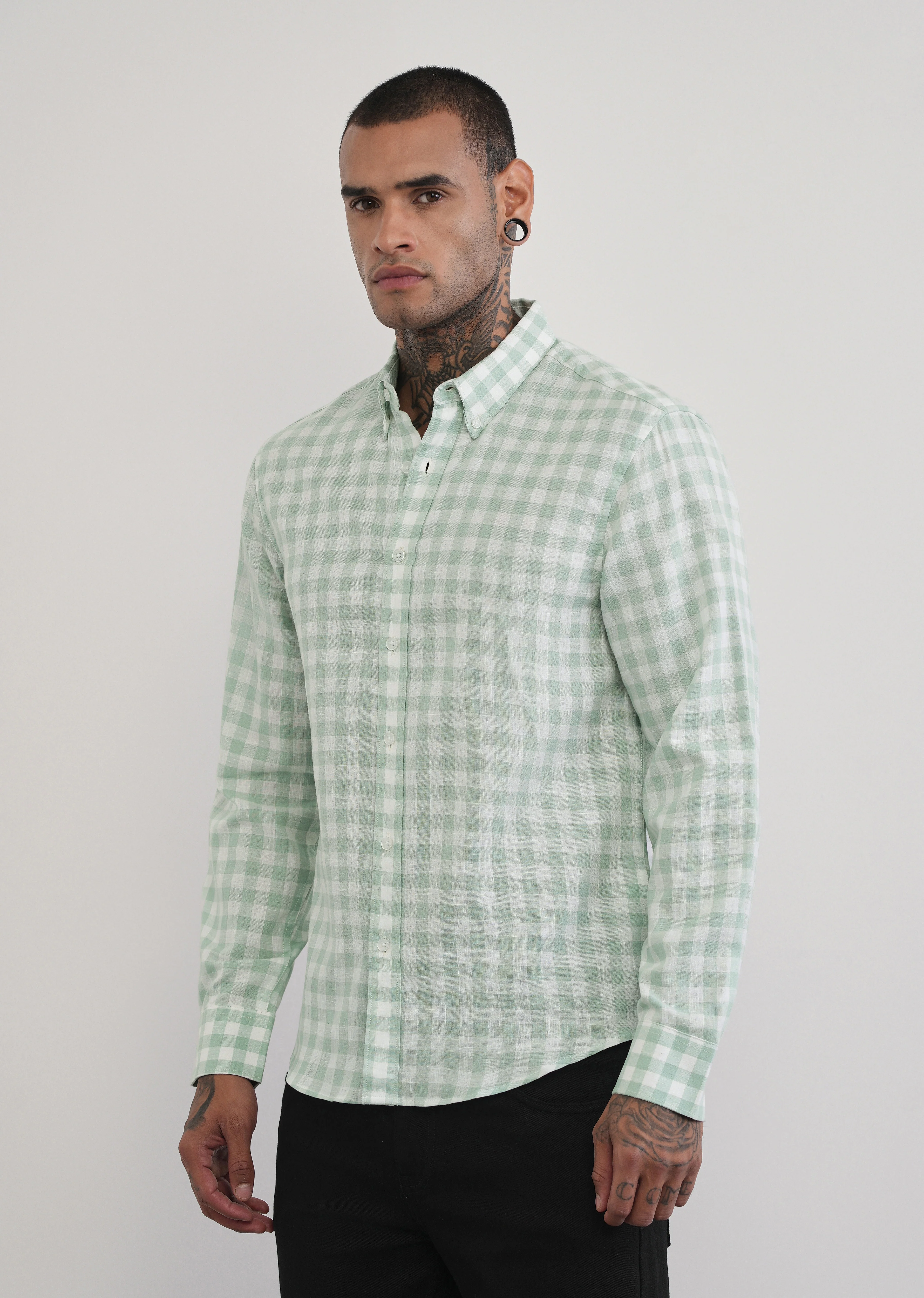 Green Lyocell Linen Blend Check Shirt - Image 3