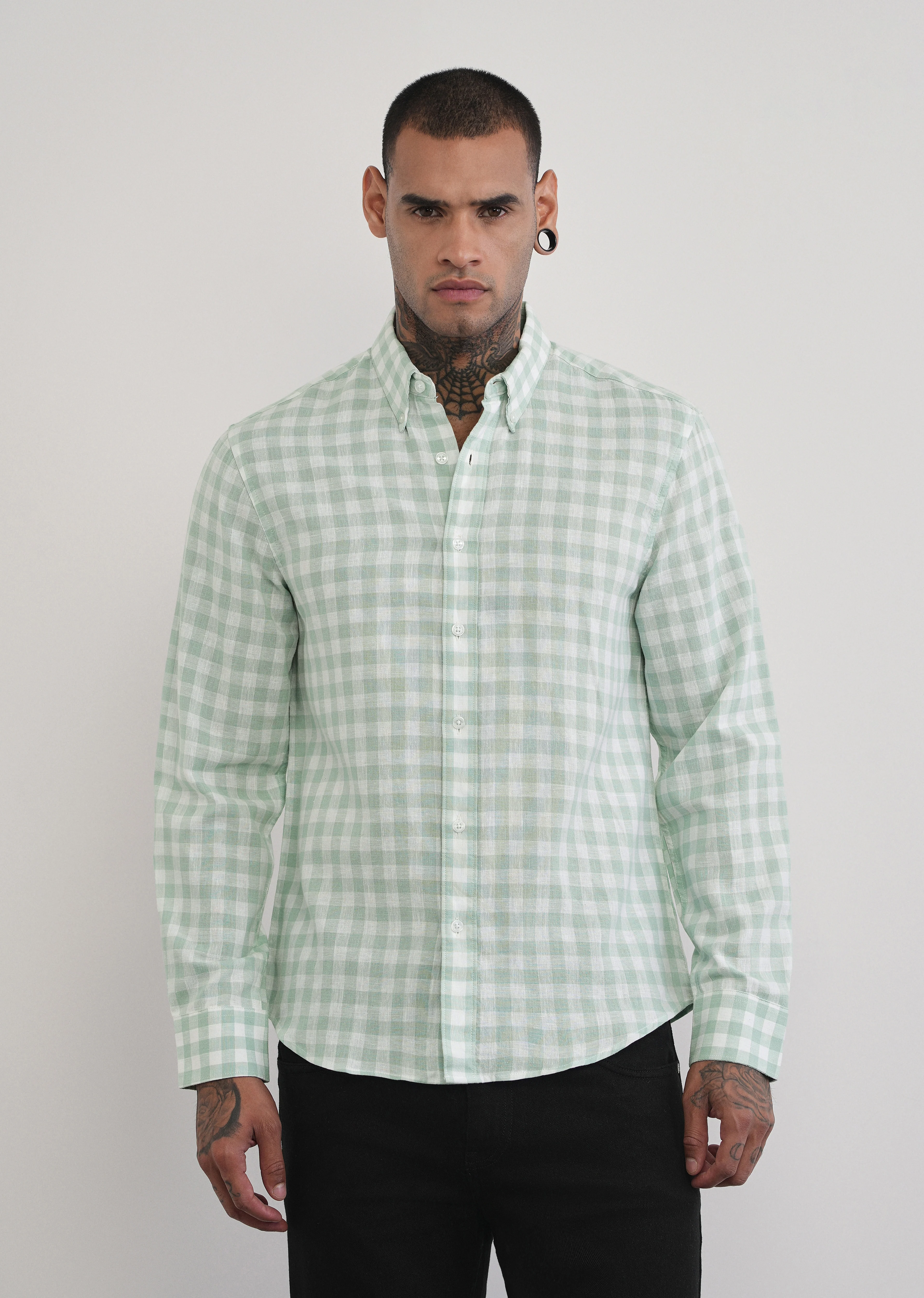 Green Lyocell Linen Blend Check Shirt - Image 4