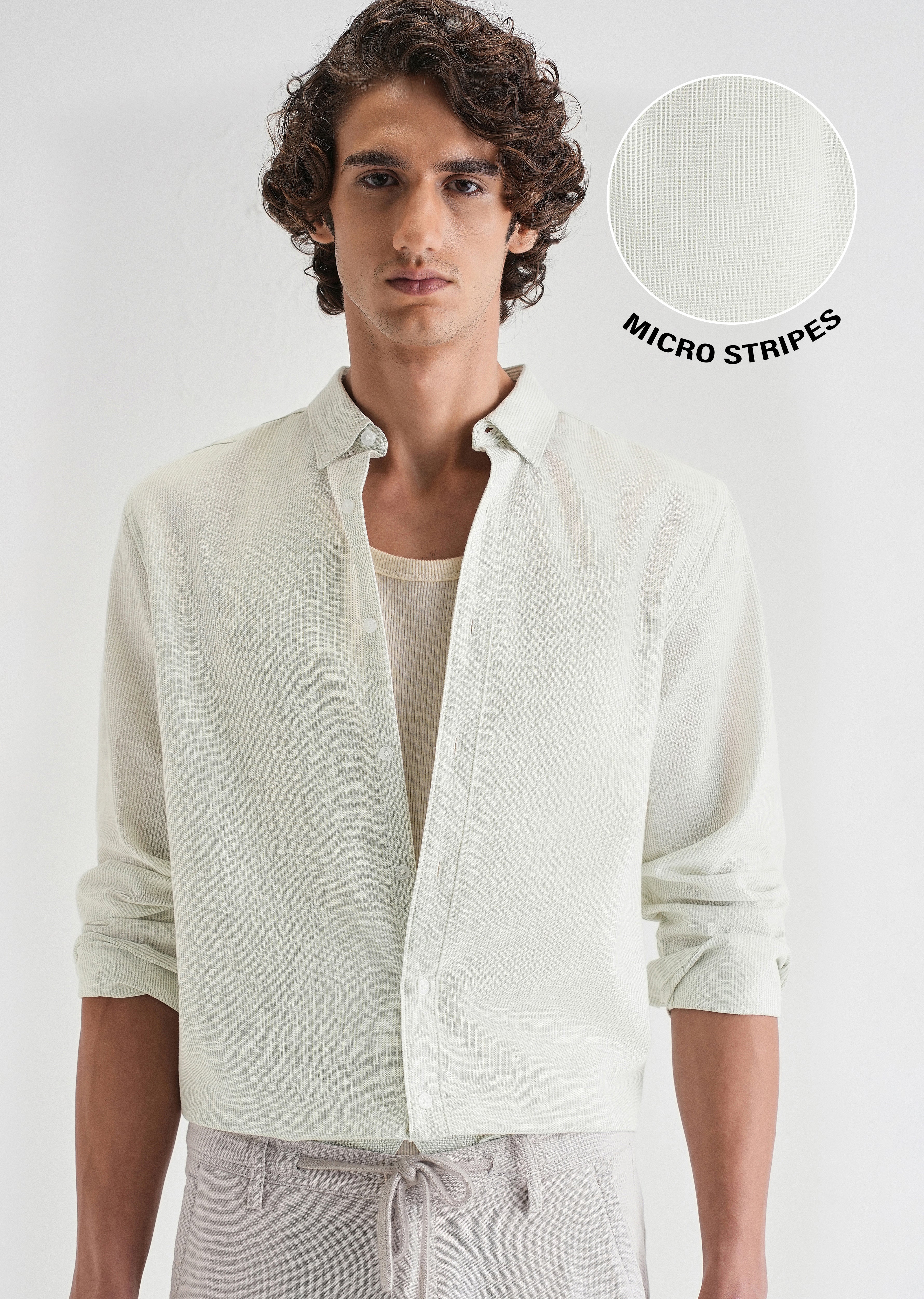 Green Micro Striped Blended Linen Shirt - Image 7