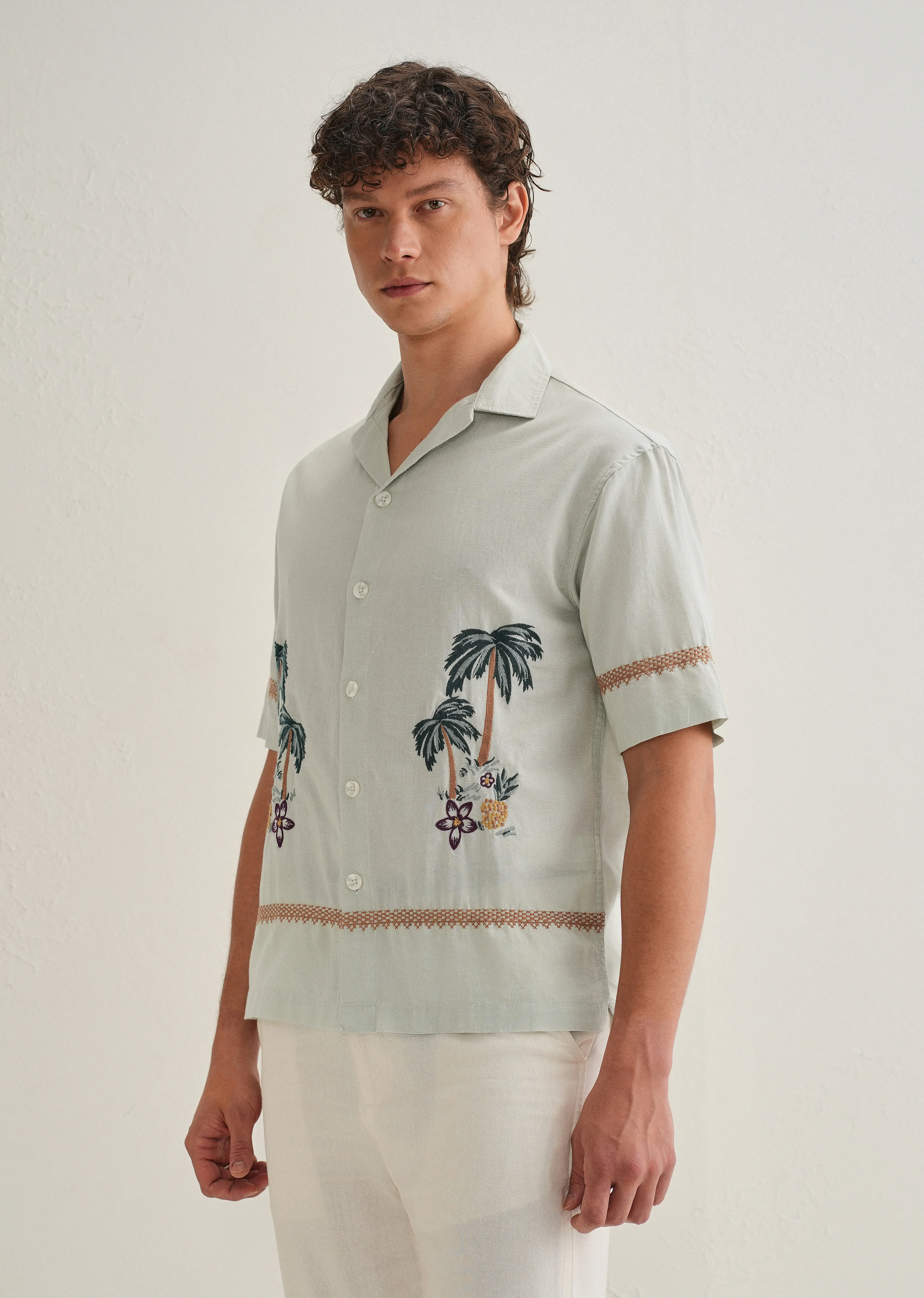 Green Palm Embroidered Cuban Collar Shirt - Image 5