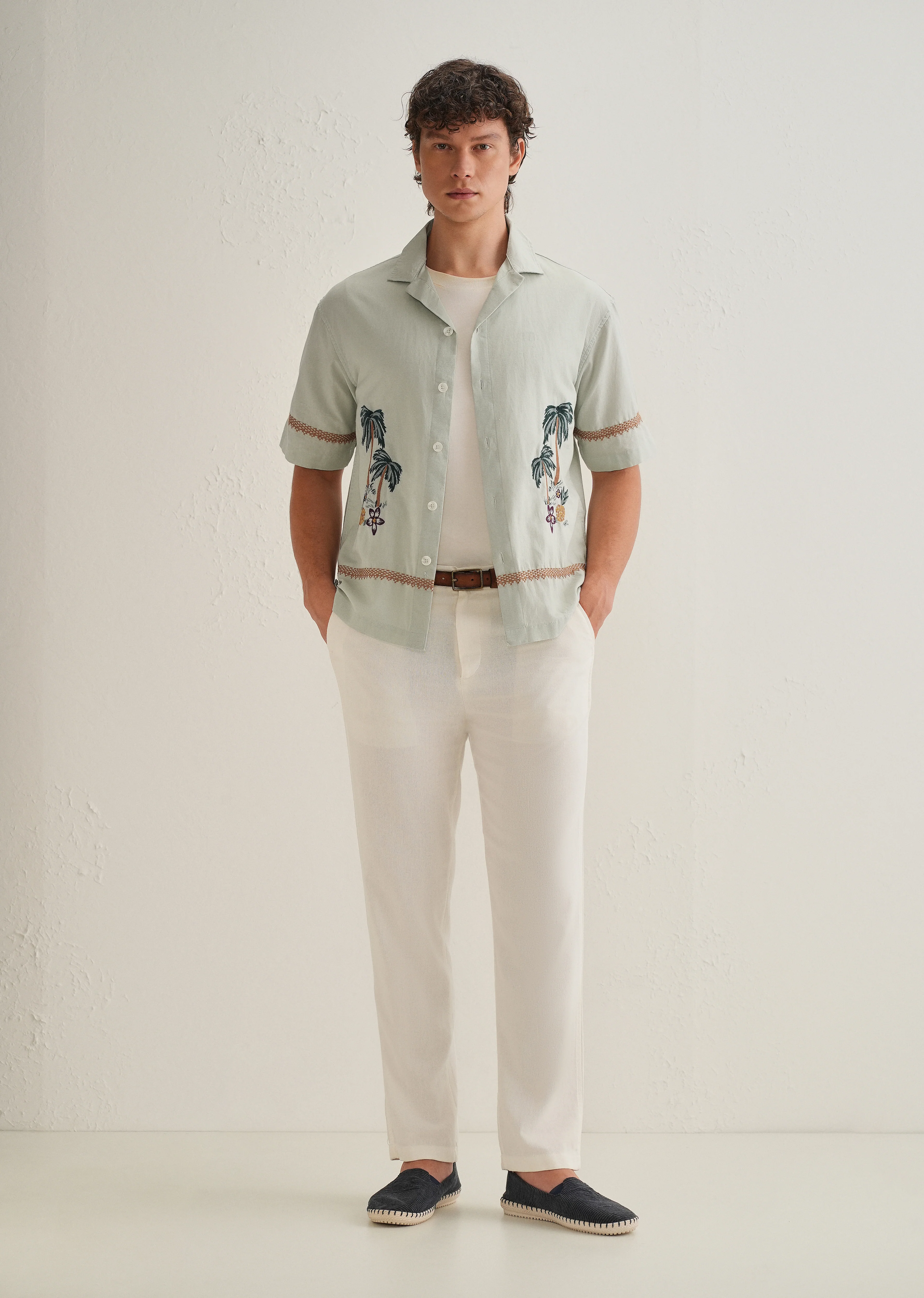 Green Palm Embroidered Cuban Collar Shirt - Image 6
