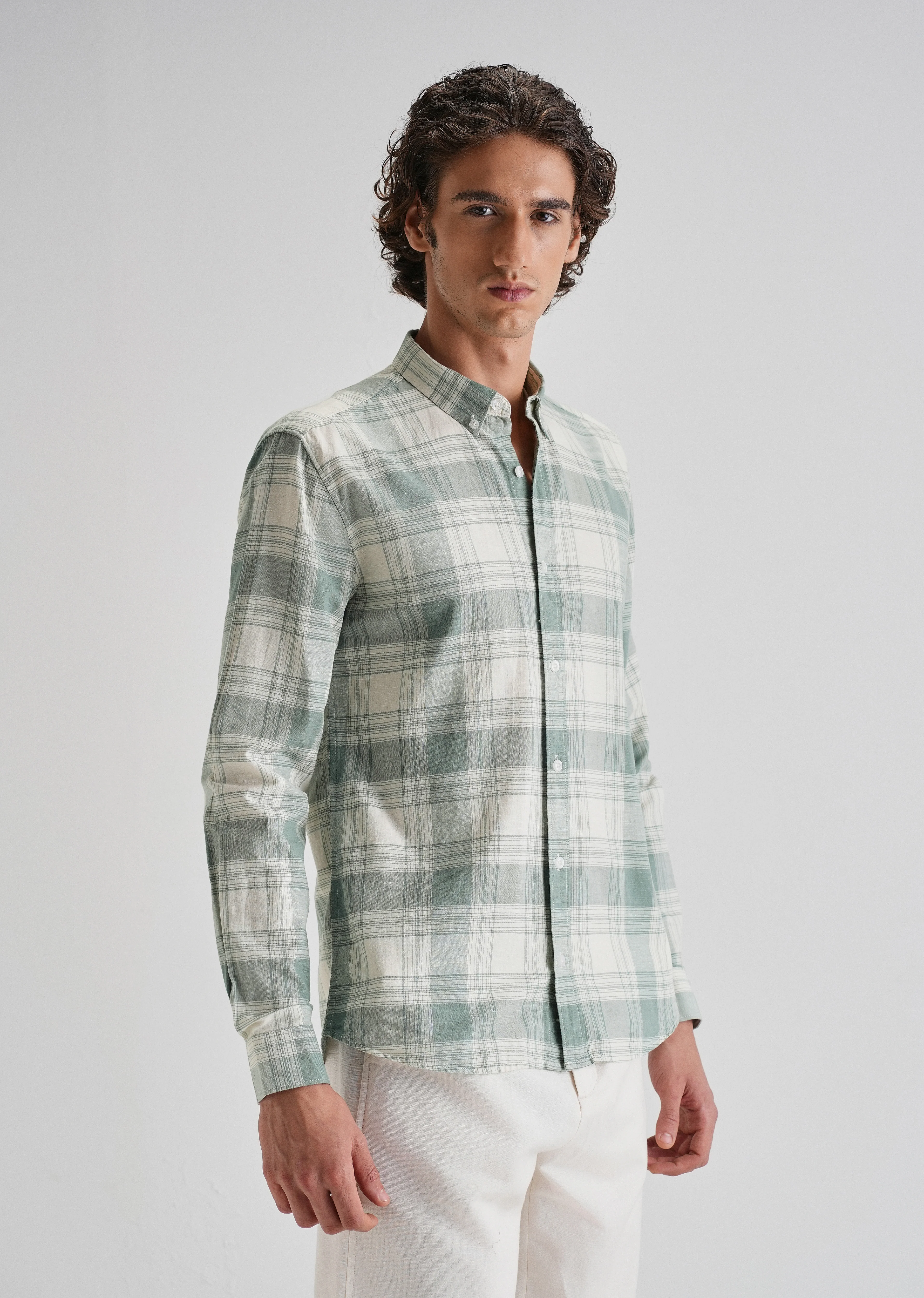 Green Plaid Checked Cotton Linen Shirt - Image 4