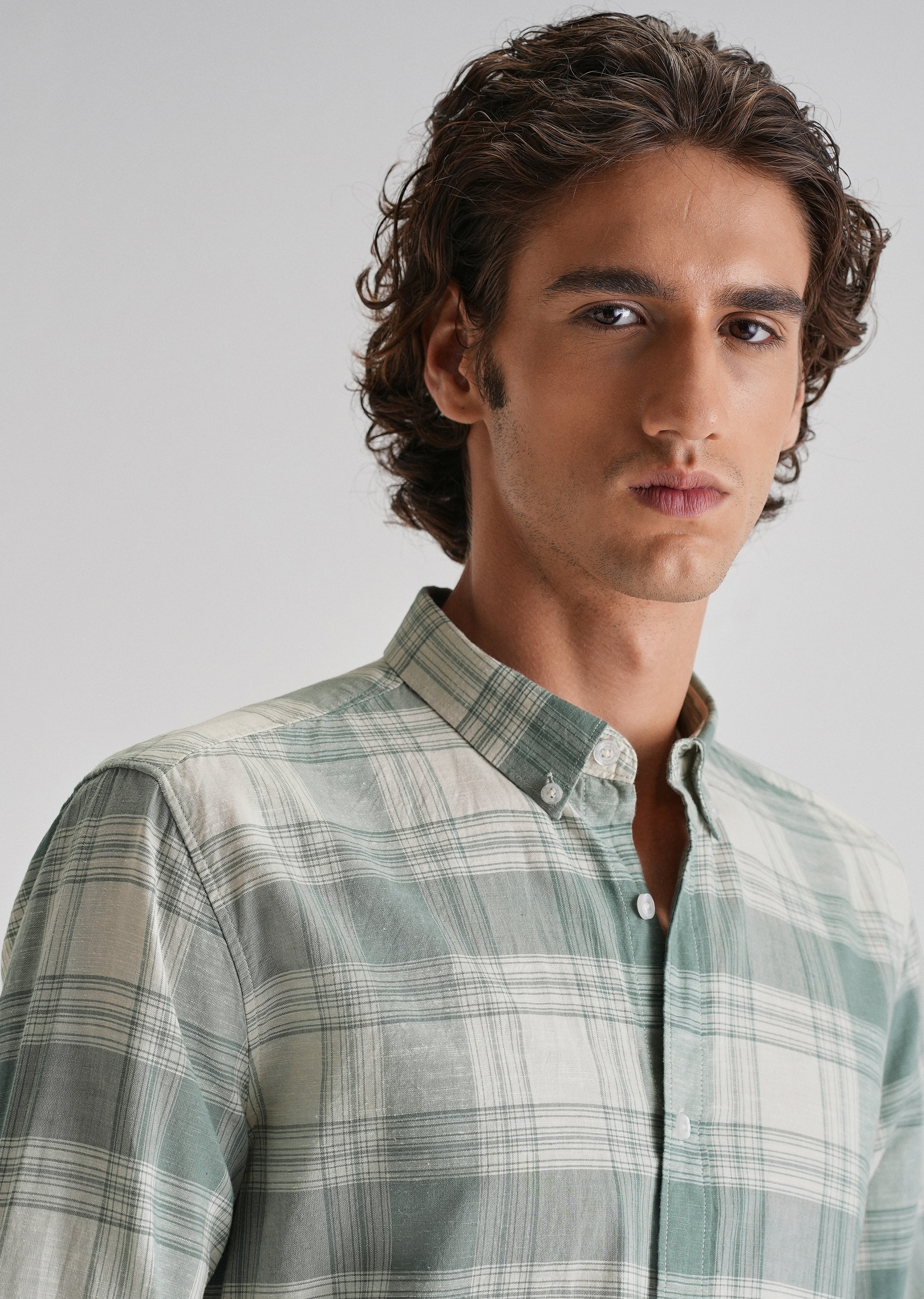 Green Plaid Checked Cotton Linen Shirt - Image 5