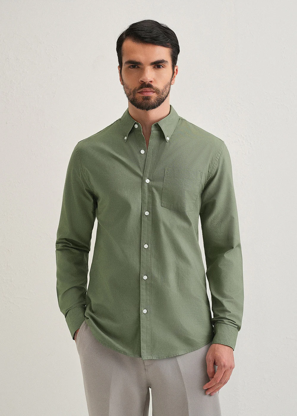 Green Plain Cotton Oxford Shirt - Image 3