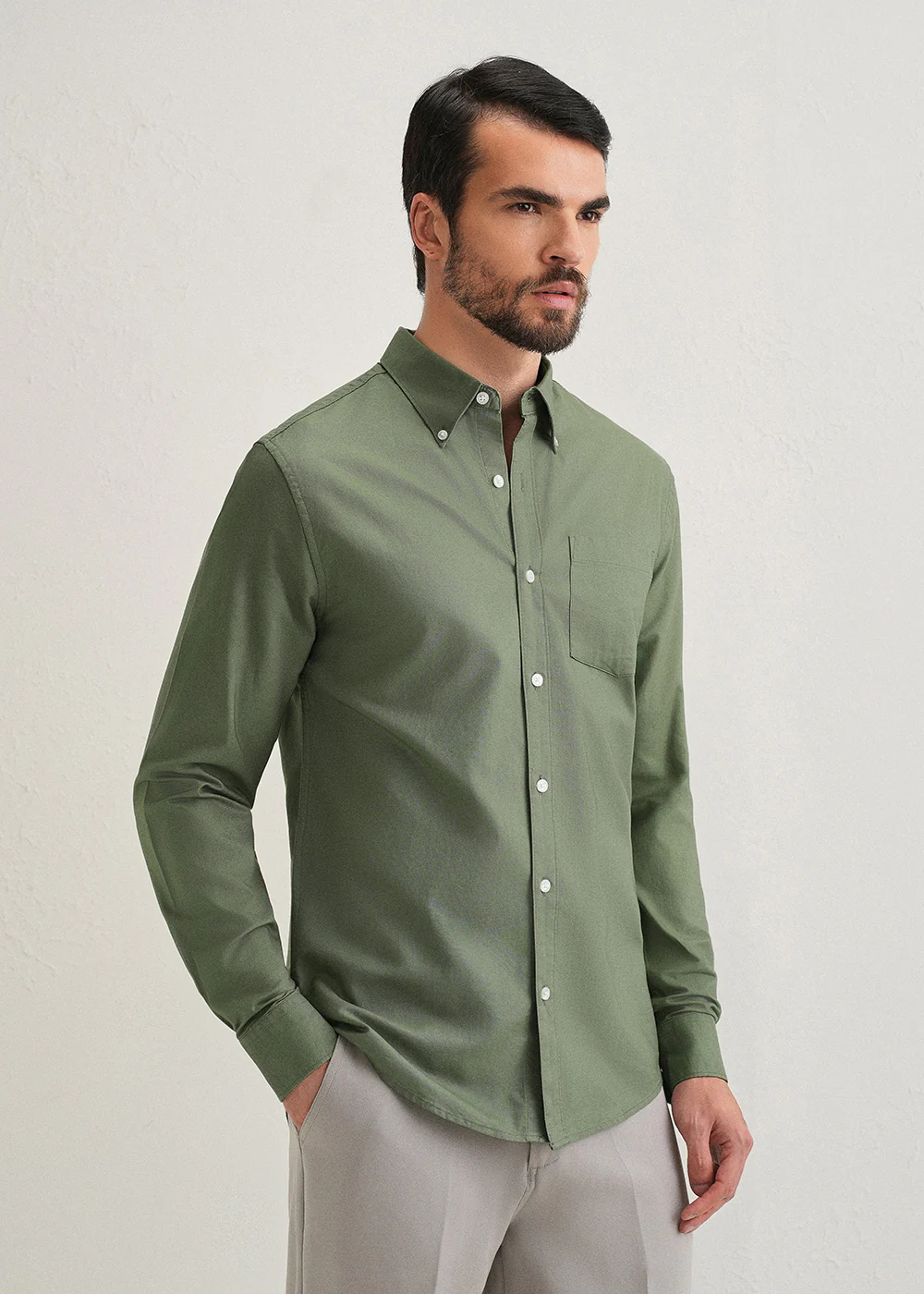 Green Plain Cotton Oxford Shirt - Image 4