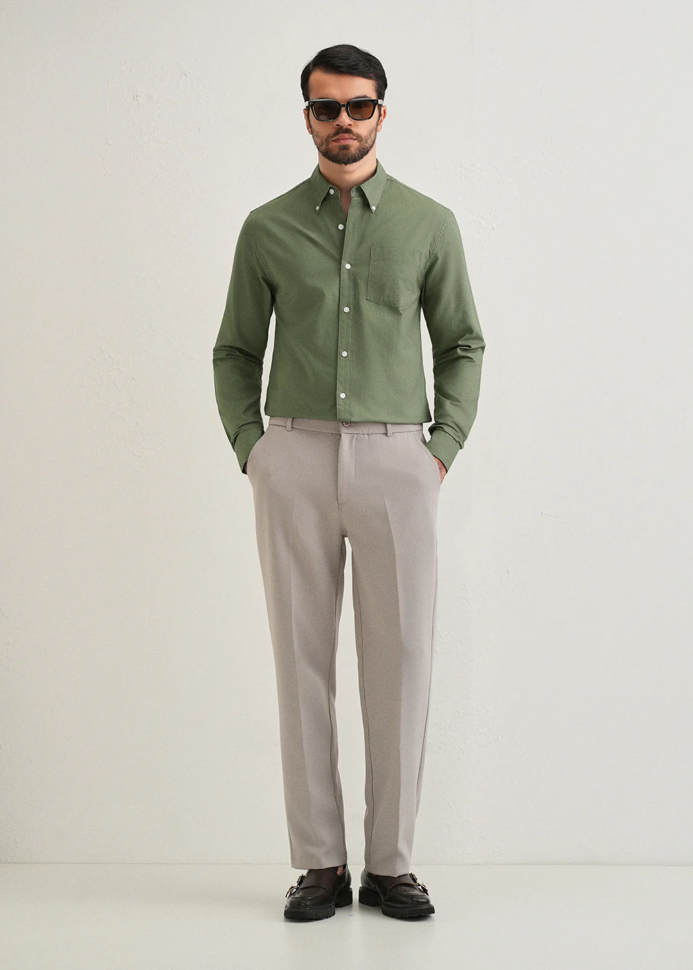Green Plain Cotton Oxford Shirt - Image 6