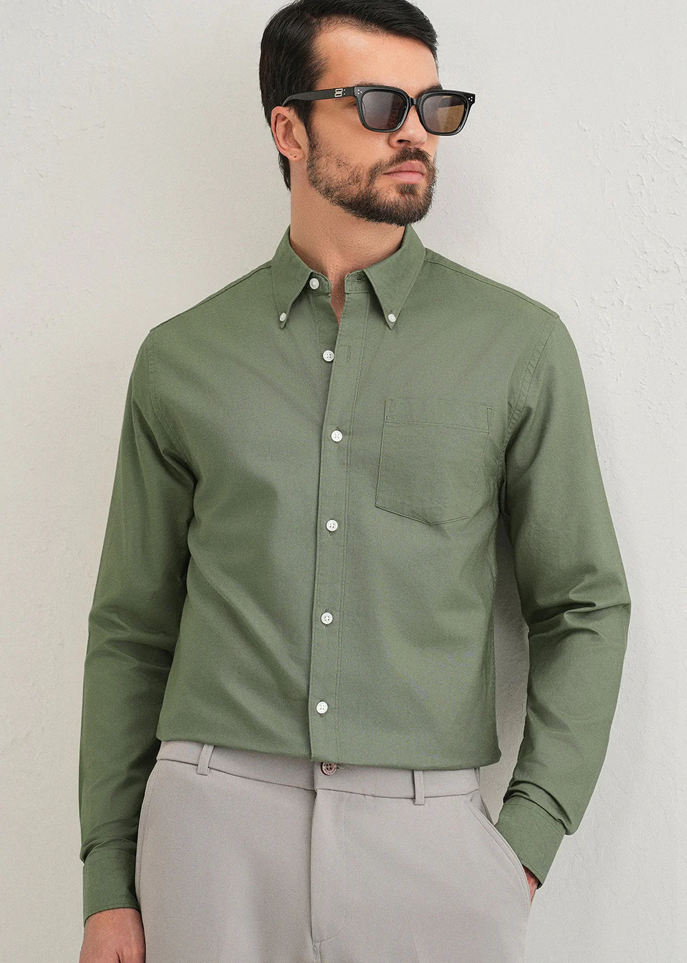 Green Plain Cotton Oxford Shirt - Image 7