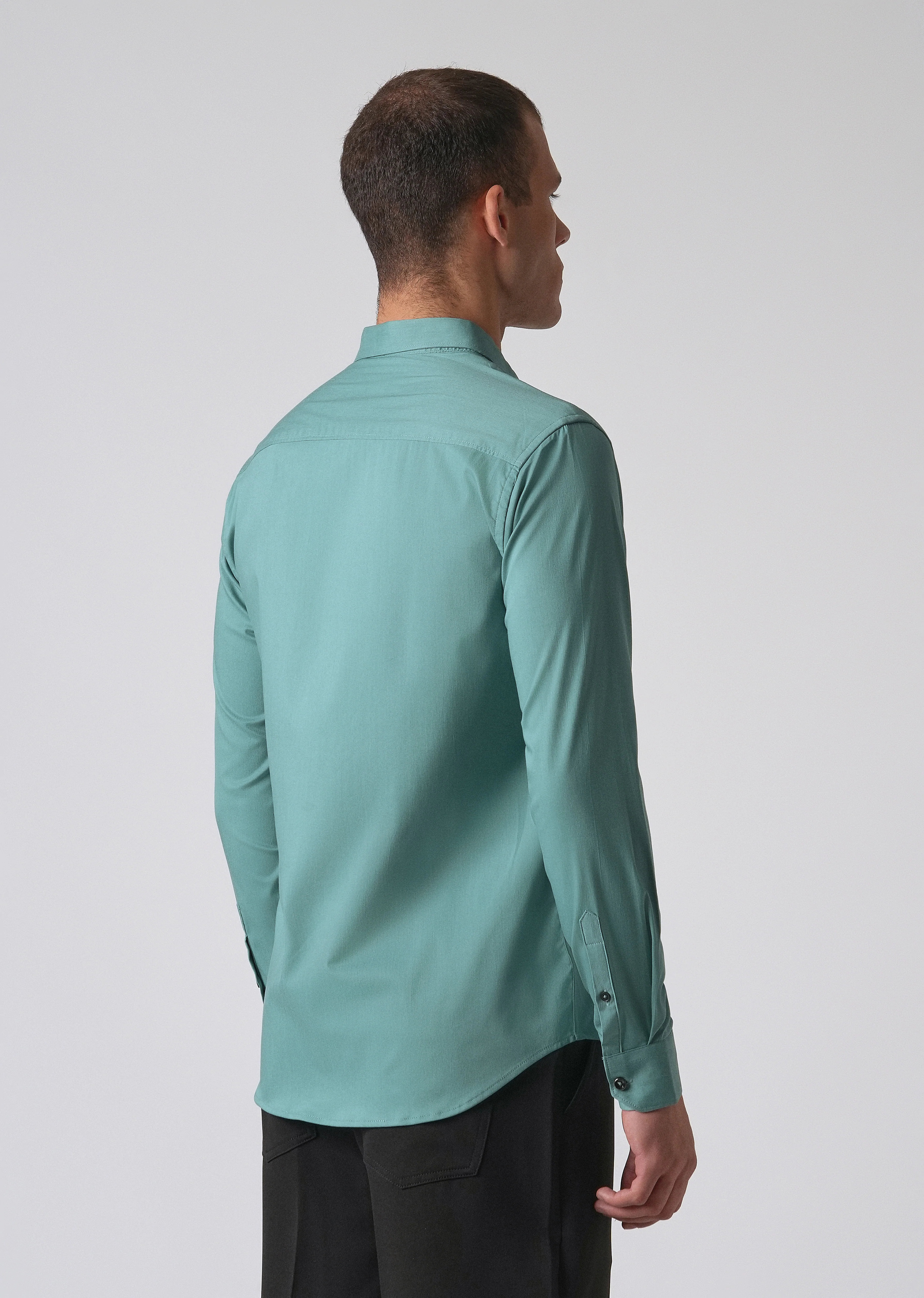 Green Plain Cotton Stretch Shirt - Image 2