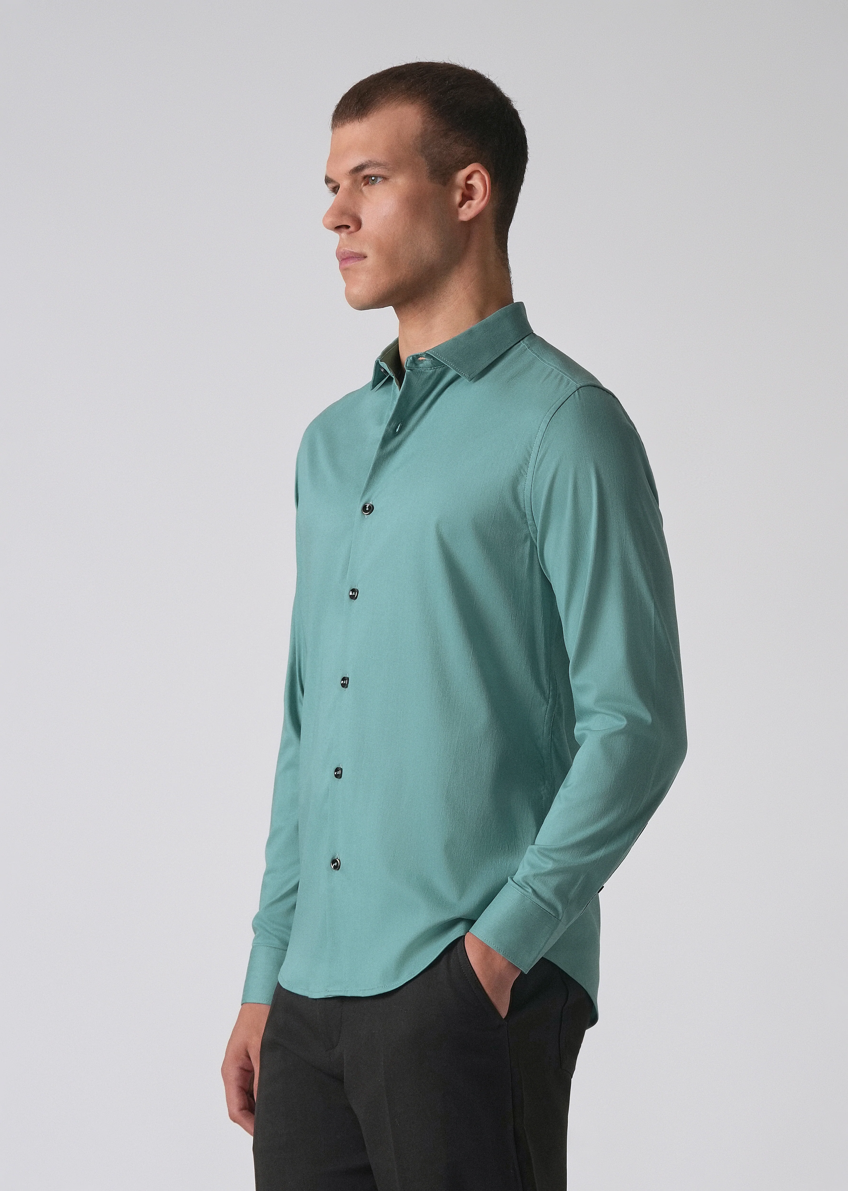 Green Plain Cotton Stretch Shirt - Image 4