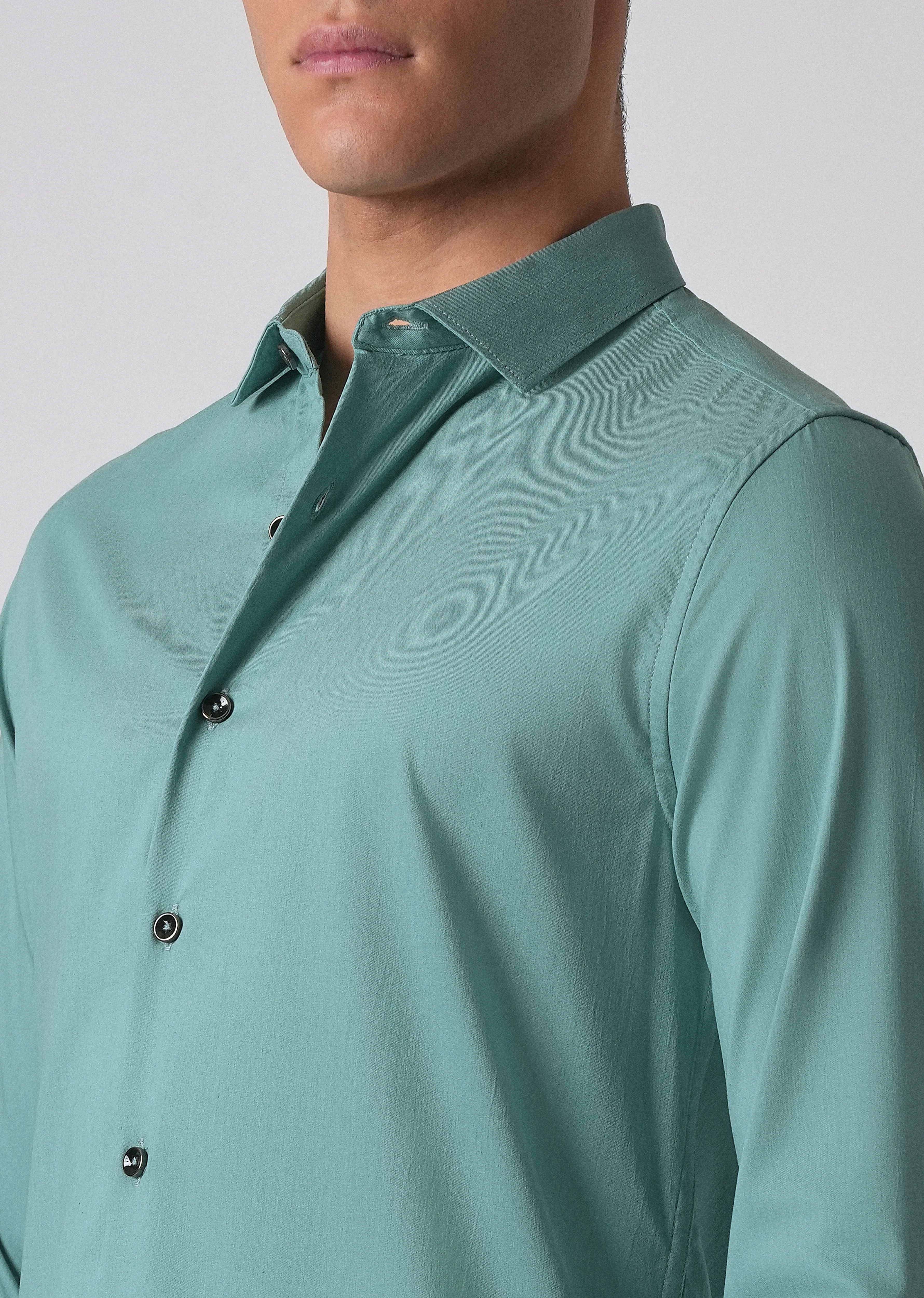 Green Plain Cotton Stretch Shirt - Image 5