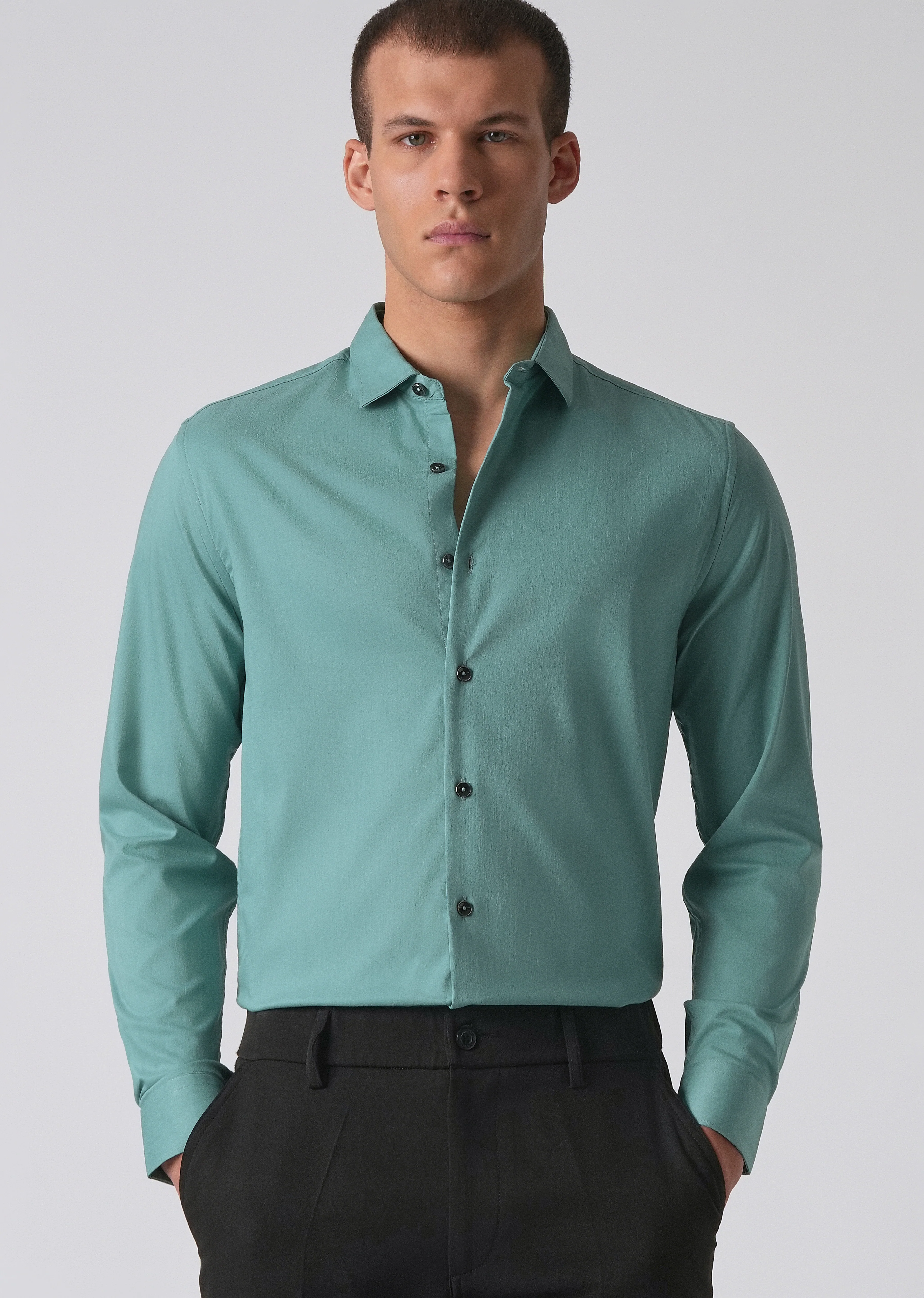 Green Plain Cotton Stretch Shirt - Image 7