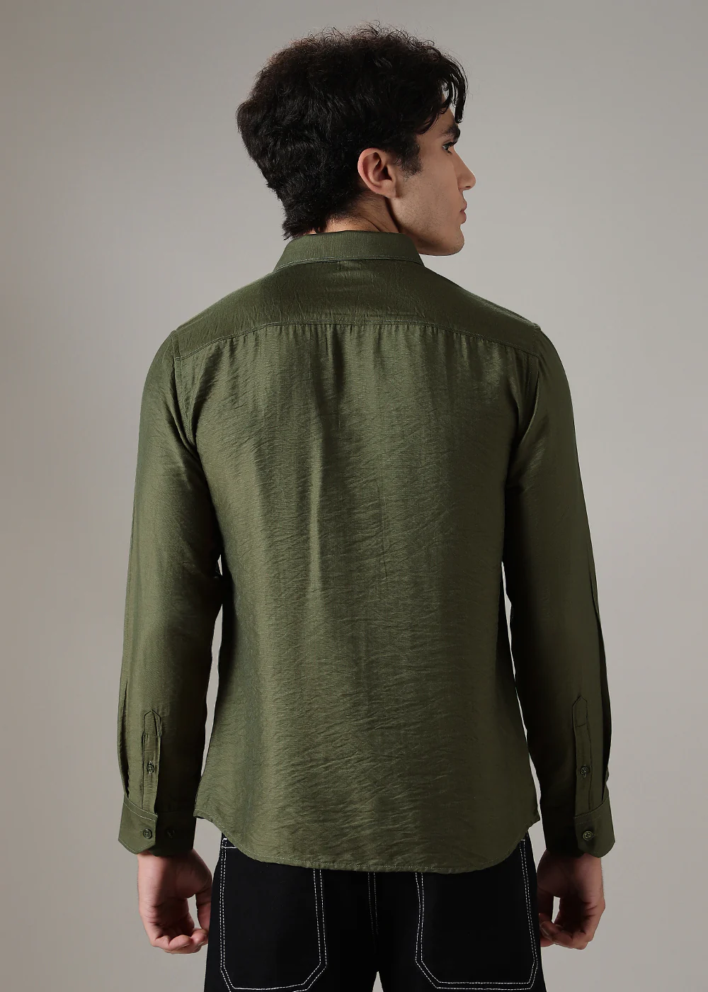 Green Plain Crushed Satin Shirt - Image 2