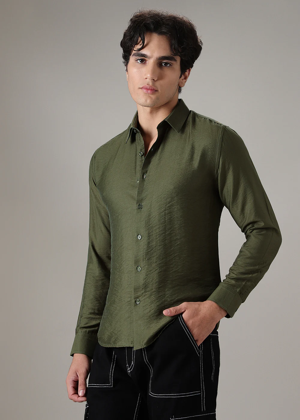 Green Plain Crushed Satin Shirt - Image 4