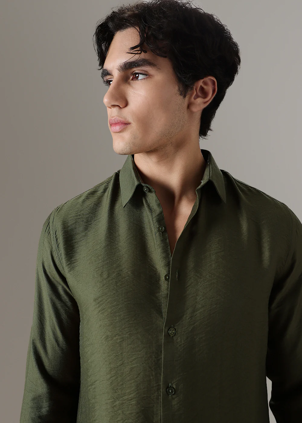 Green Plain Crushed Satin Shirt - Image 5