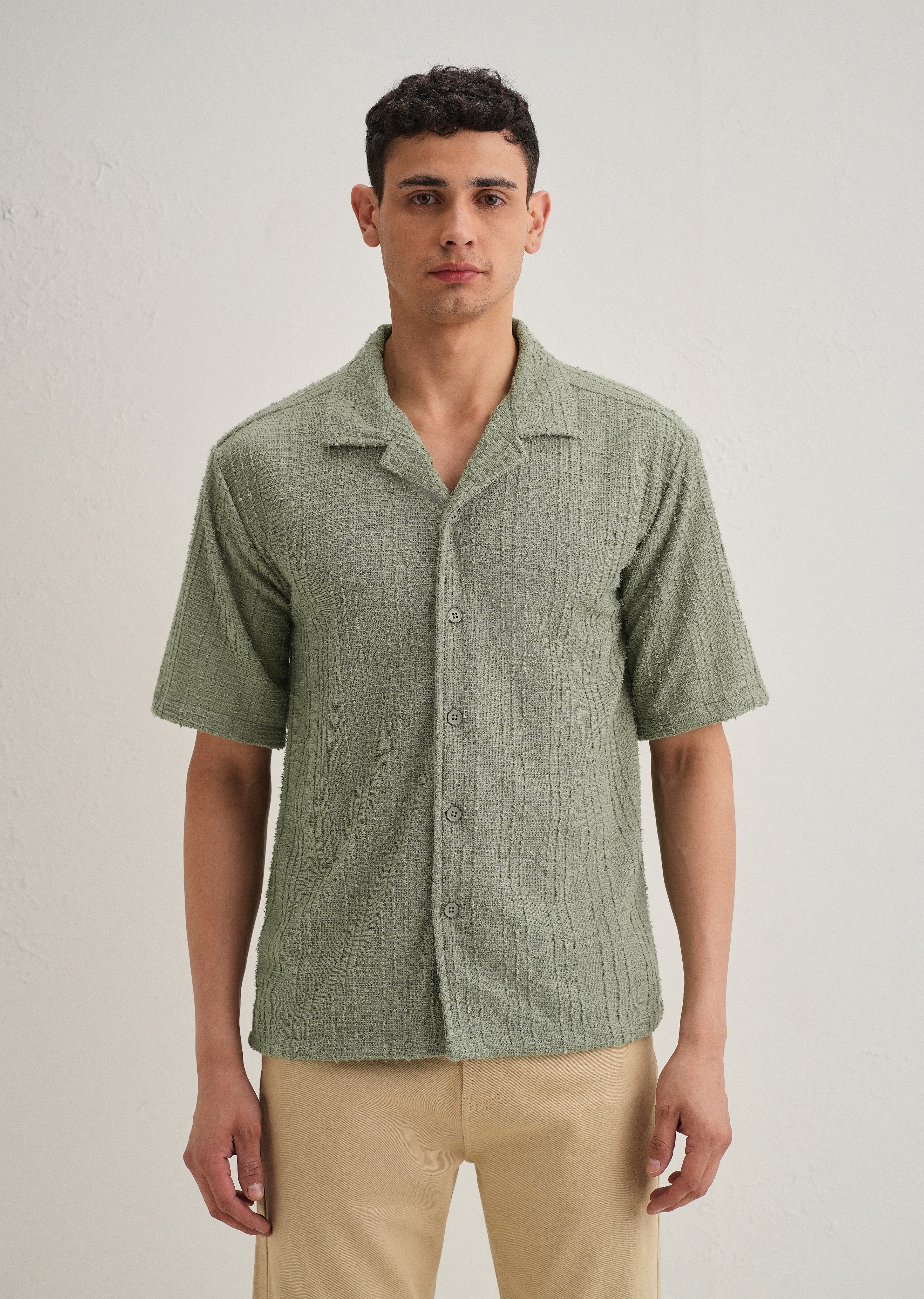 Green Plain Cuban Collar Knitted Shirt - Image 3