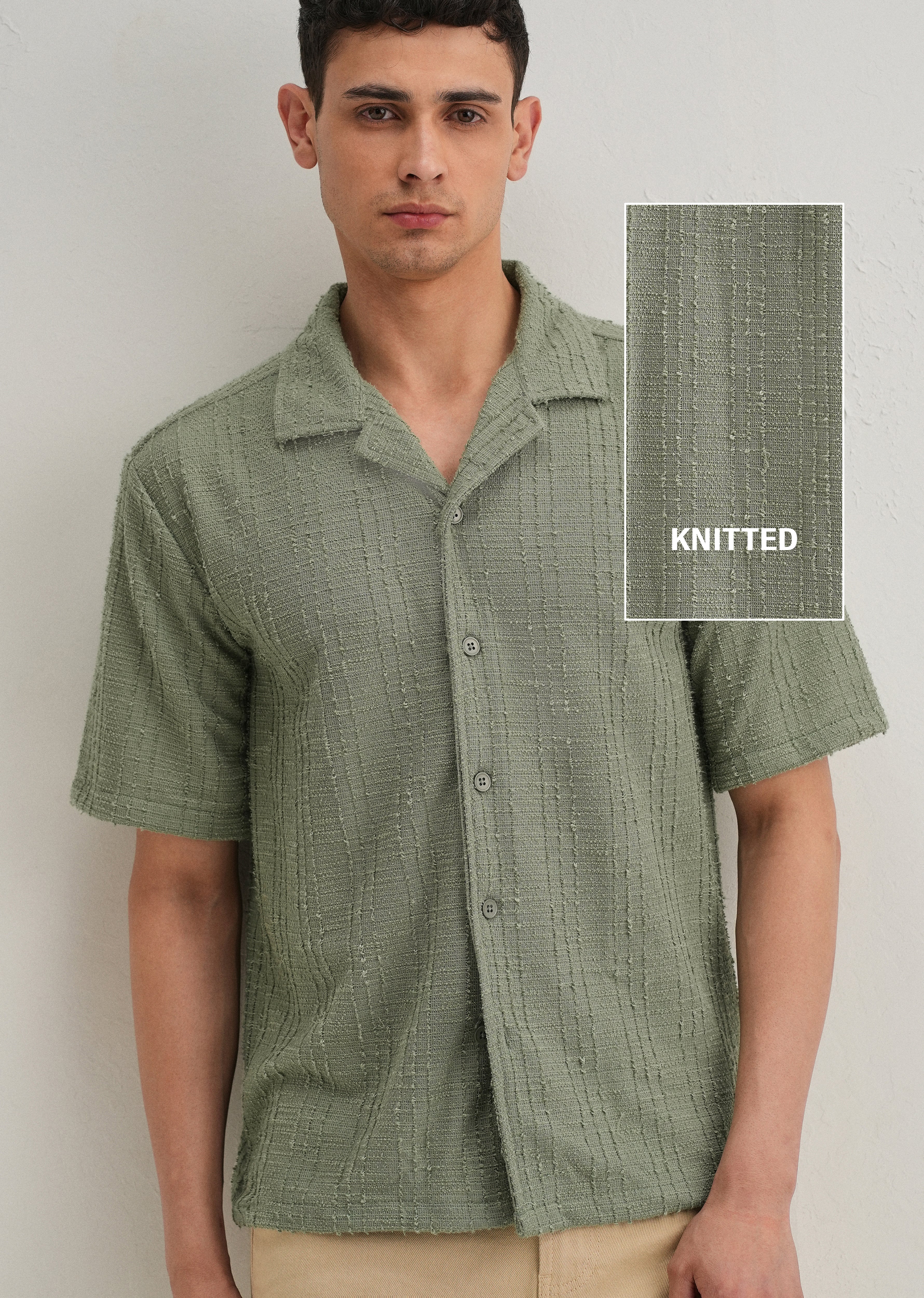 Green Plain Cuban Collar Knitted Shirt - Image 7