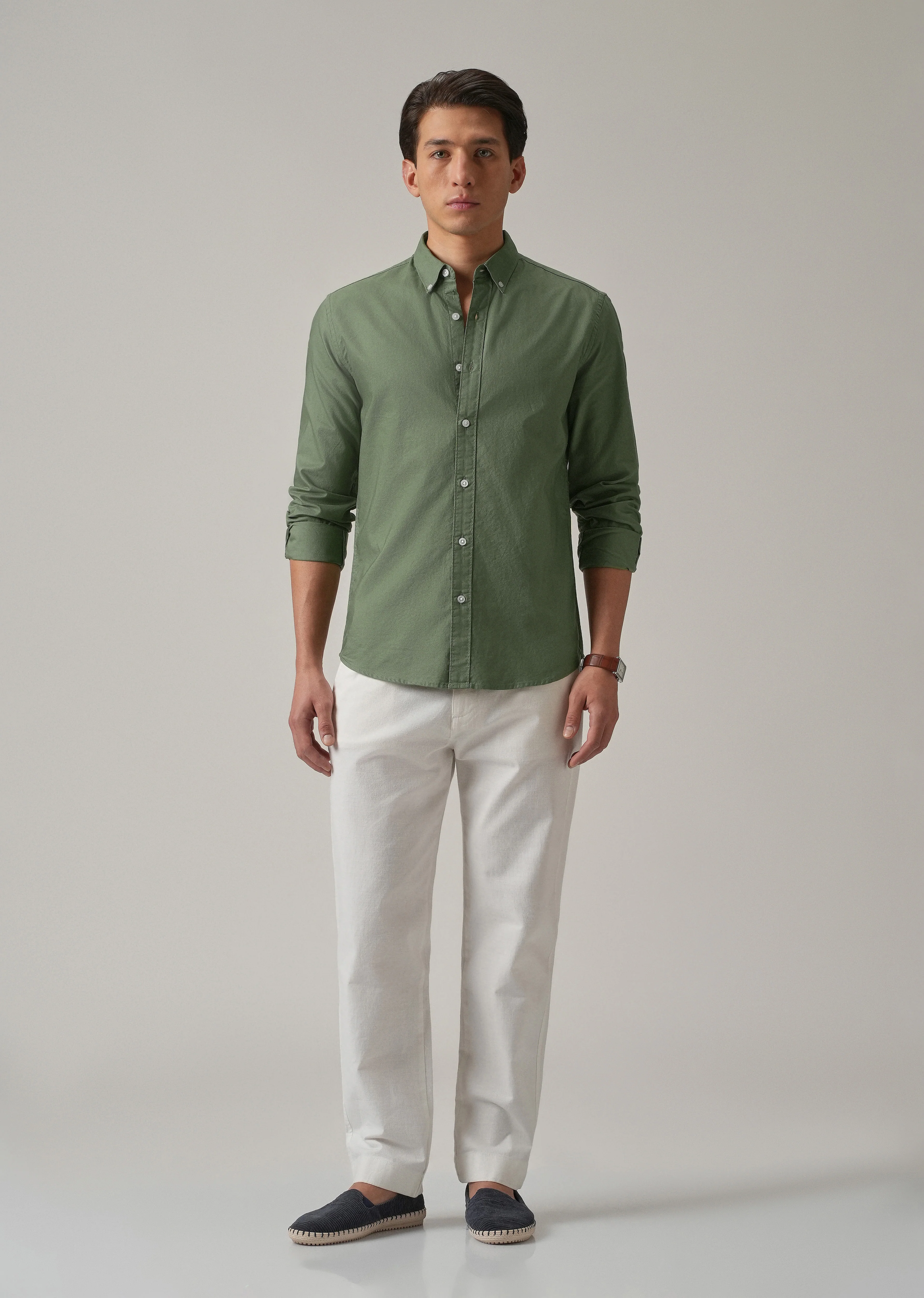 Green Plain Elbow Patch Oxford Shirt - Image 8