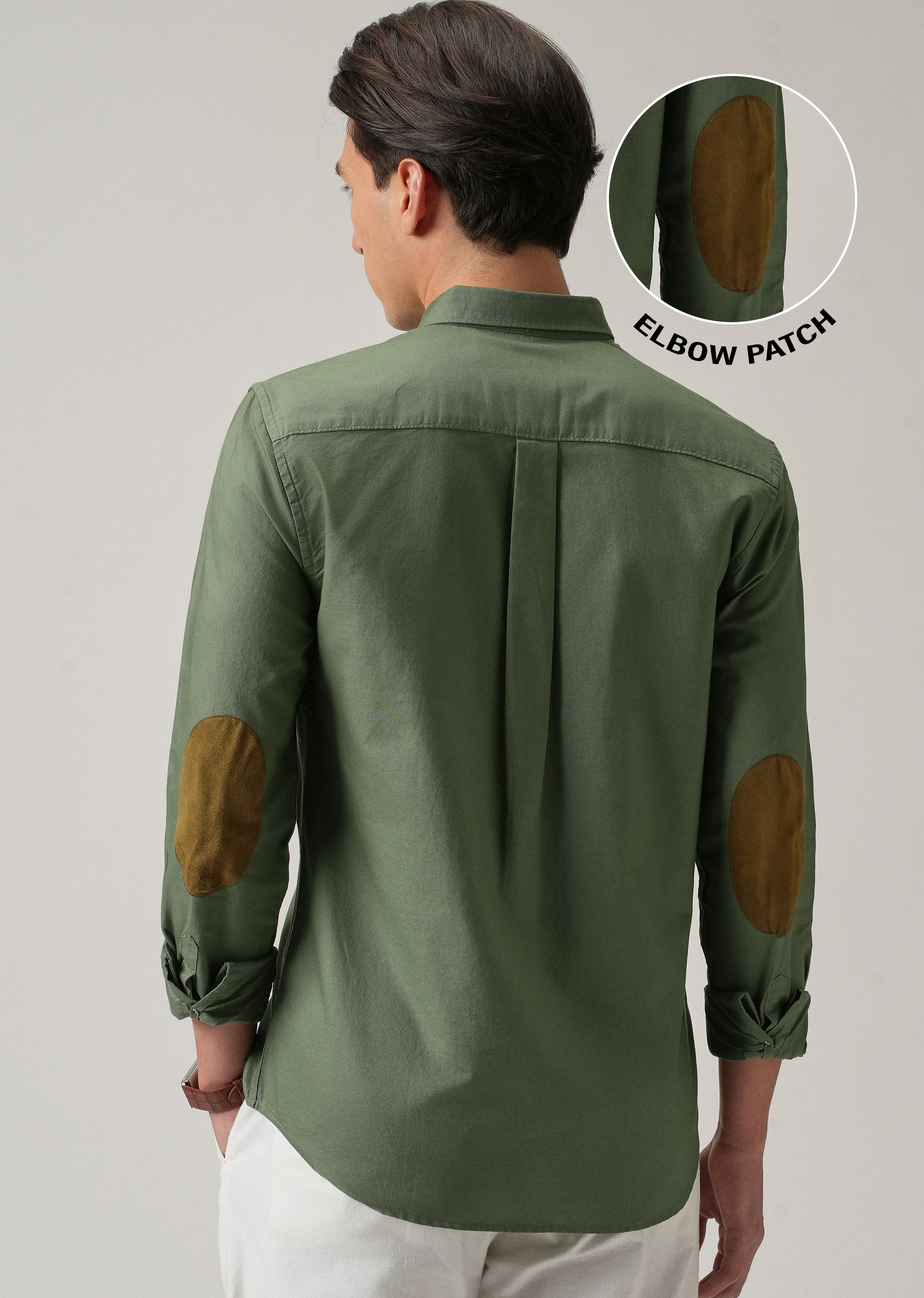 Green Plain Elbow Patch Oxford Shirt - Image 9