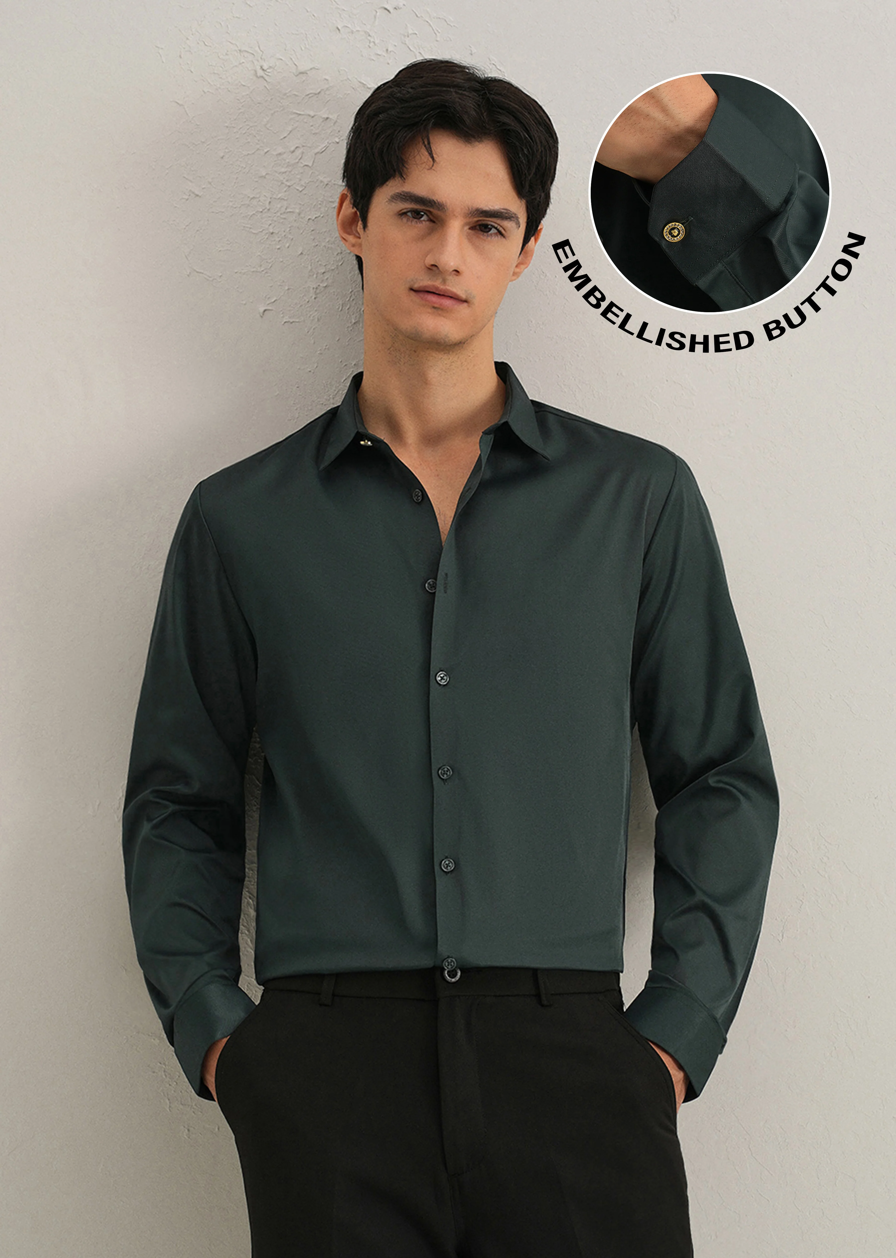 Green Plain Stitchless Placket Shirt - Image 7