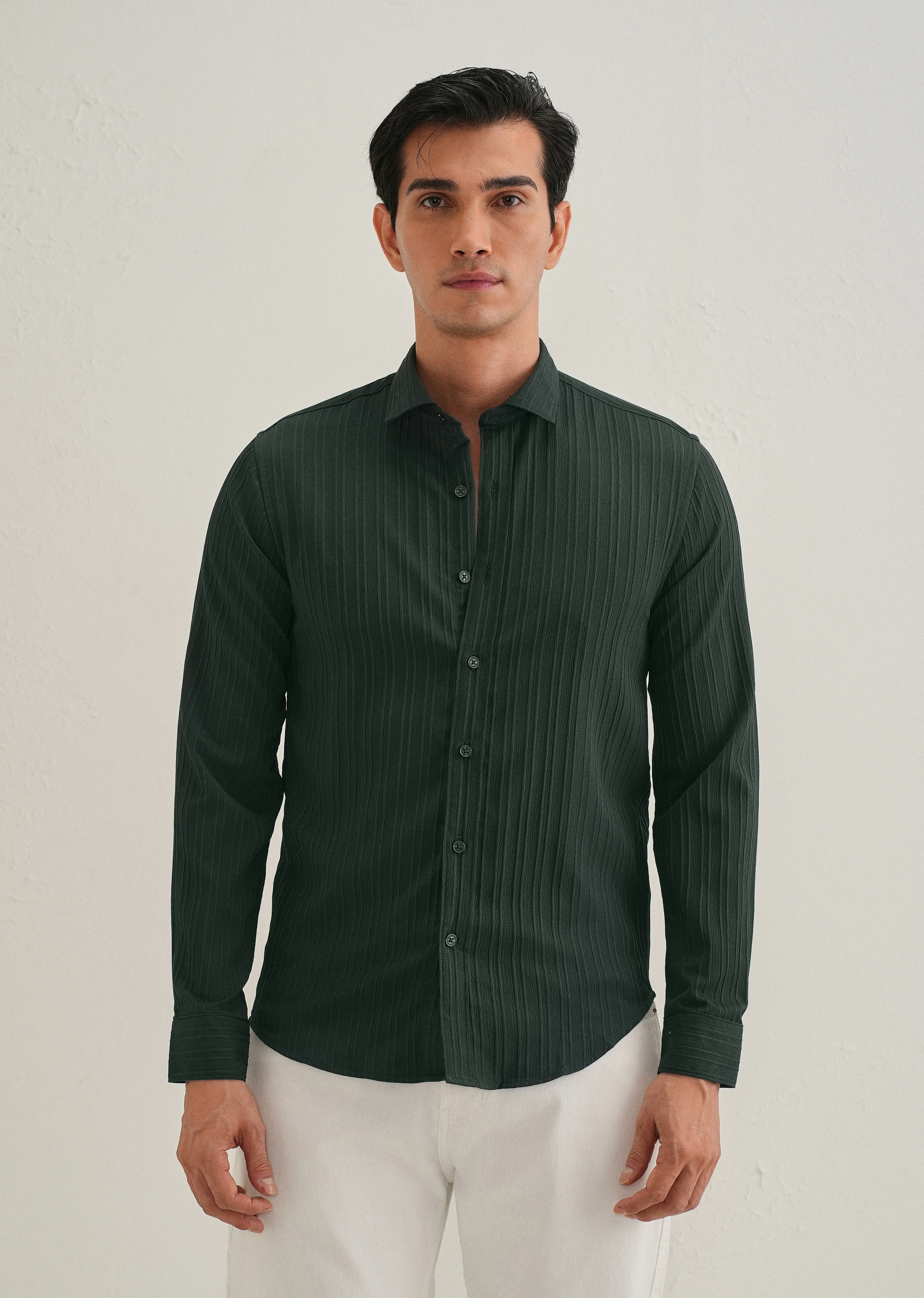 Green Plain Self Striped Shirt - Image 3