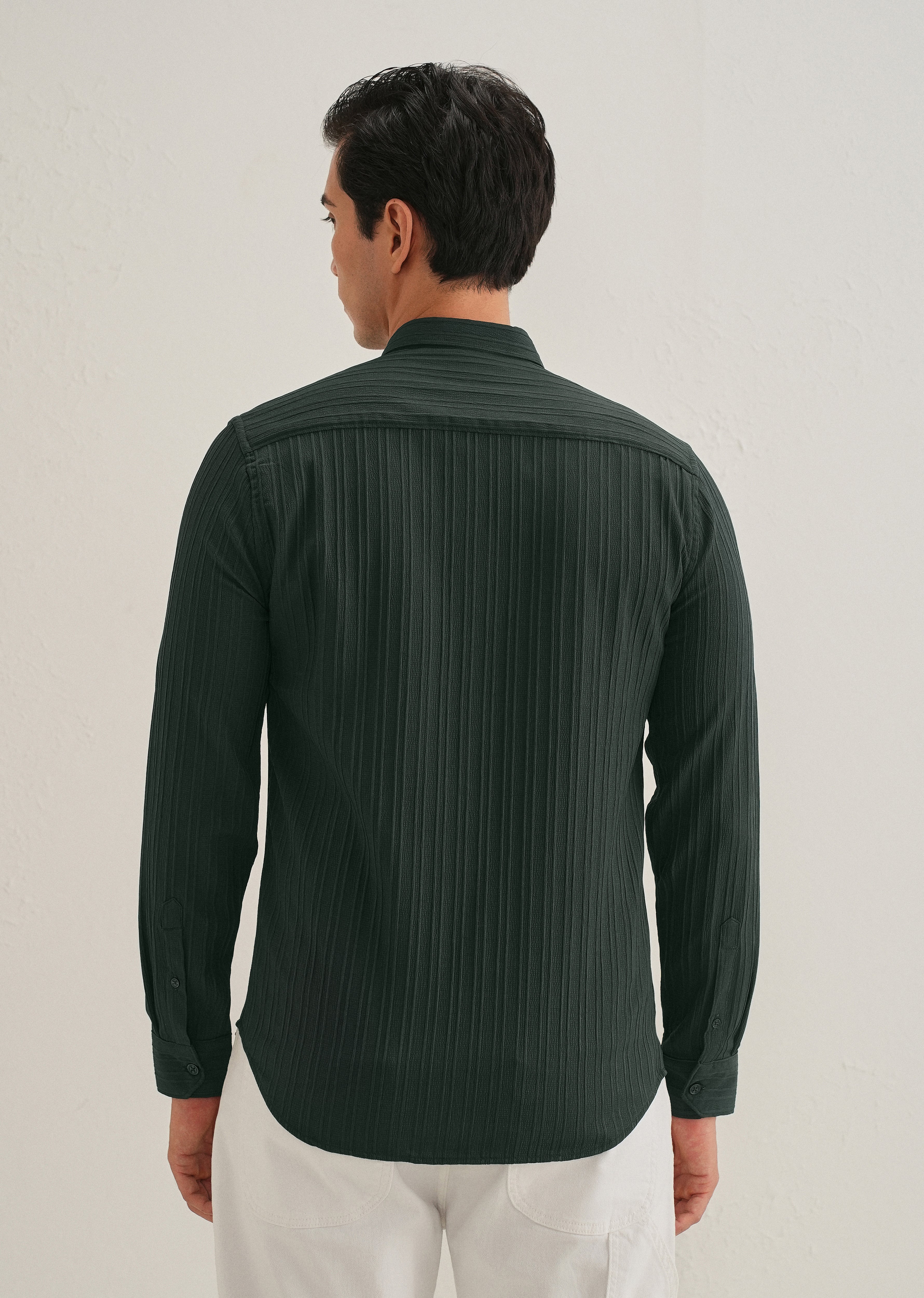 Green Plain Self Striped Shirt - Image 4