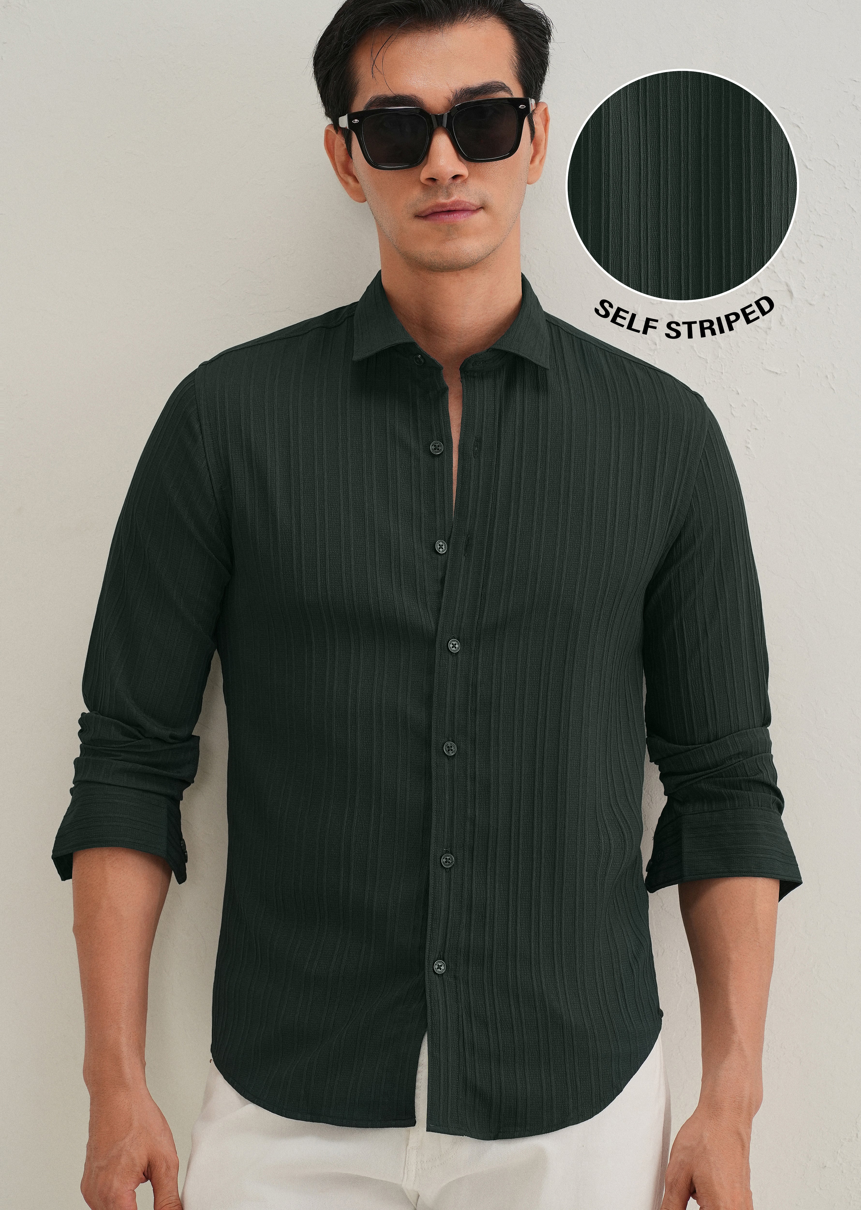 Green Plain Self Striped Shirt - Image 7