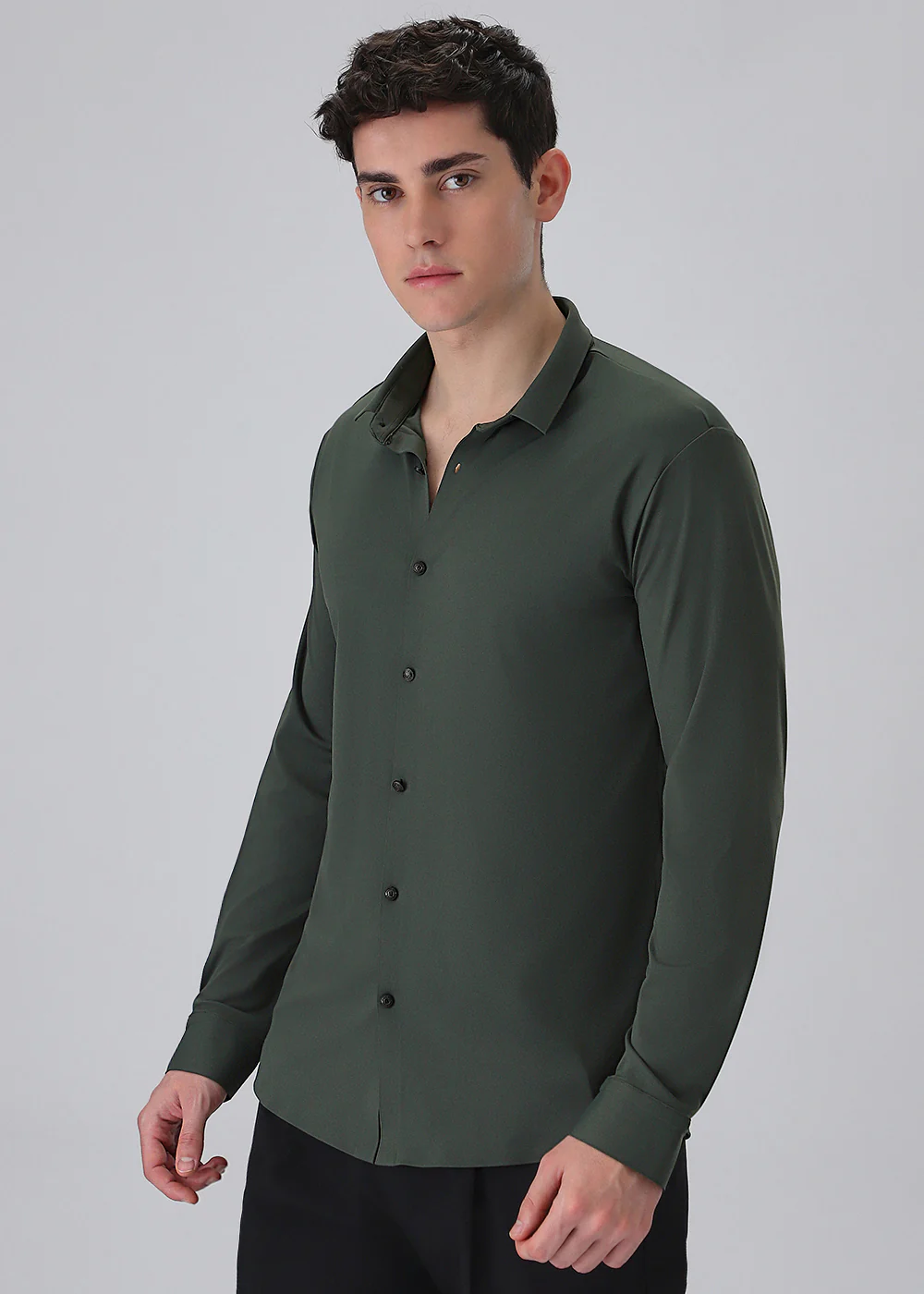 Green Plain Stitchless Stretch Shirt - Image 4