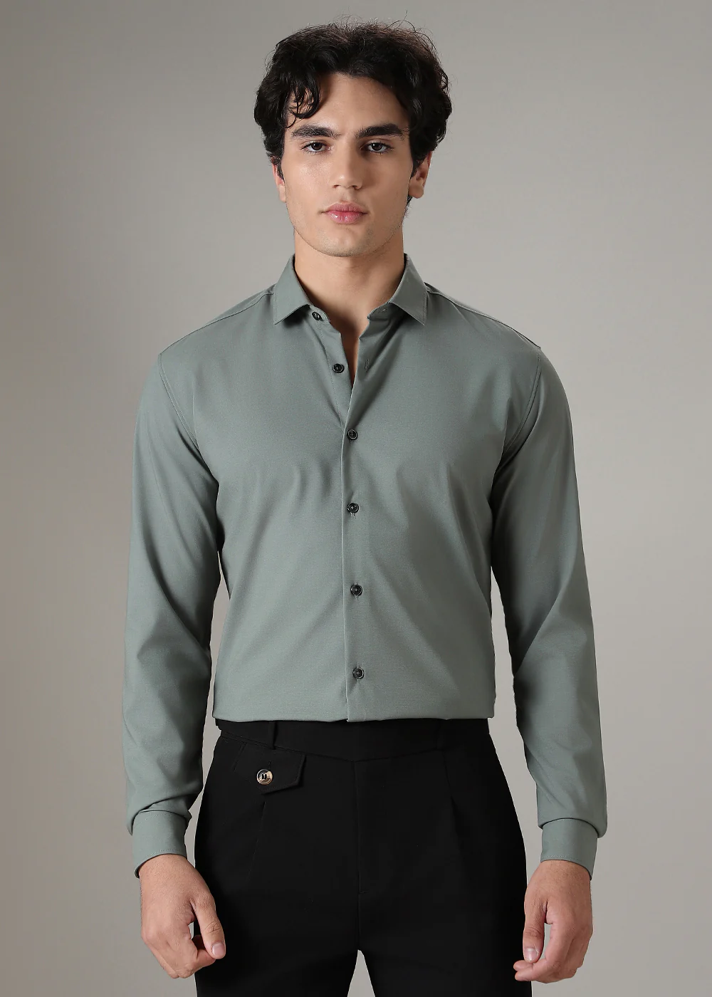Green Plain Wrinkle Free Shirt - Image 3